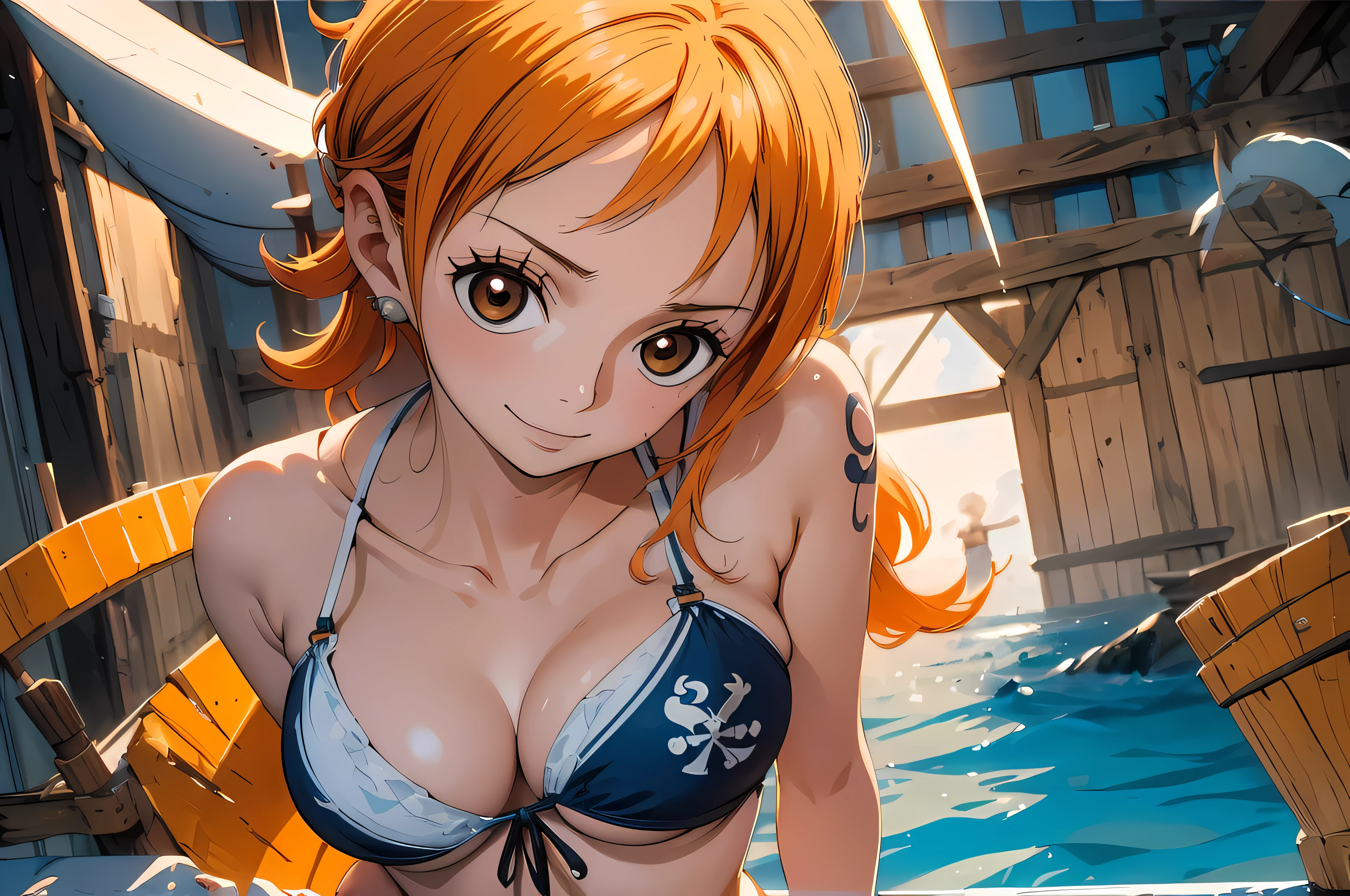 one-piece one-piece nami, vista de traz , cabelo laranja, Lindos olhos castanhos, ((vestindo lingerie sensual))usando botas laranjas, sword in one he, peitos sexy, pose lasciva ,corpo todo, arms behind the back, (fundo do navio pirata) (melhor qualidade, 4k, 8k, high resolution, obra de arte:1.2), ultra-detalhado, e (realista, photorealista, HDR, Ultra HD, studio lighting, pintura ultrafina, sharp focus,Nami Rosto, olho nami