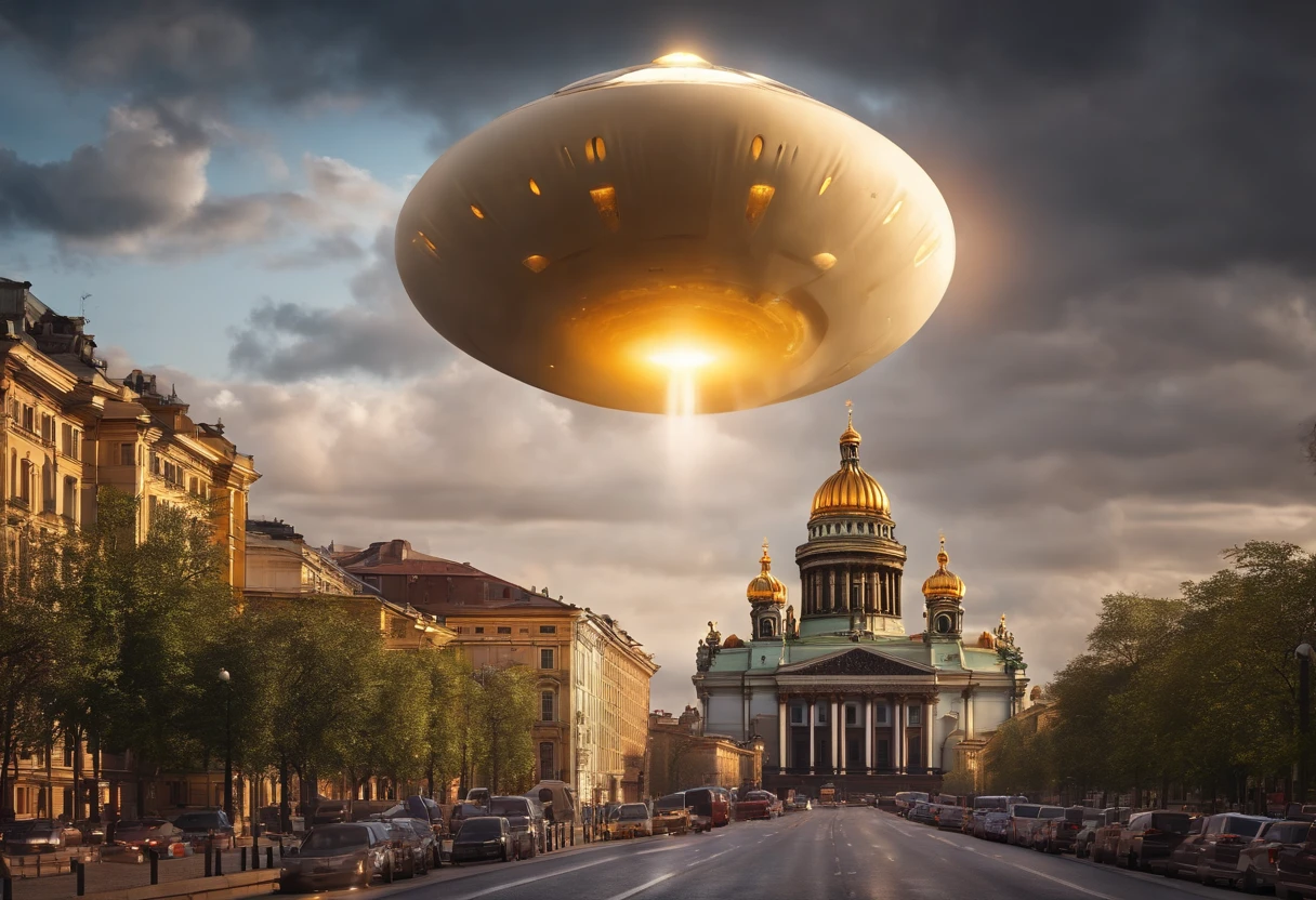 (((St. Petersburg))), (cathedral with a large golden dome) BREAK ((A photo-realistic capturing of the flying giant white discoid alien mothership with a huge diameter, hovering at an altitude of 1 kilometer above city)), interstellar, spaceship, (Best Quality, 16K, Masterpiece, Ultra HD:1.3, Huge detail, hyper realistic, epic scale, insane level of details)