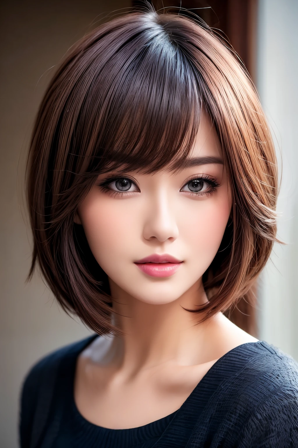 best quality, 32k, RAW photo, incredibly absurdres, extremely detailed, neat and cute beauty, flowing layered short bob cut, wearing loose and fluffy knit dress, slender, professional lighting