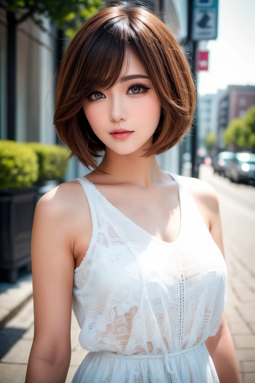 best quality, 32k, RAW photo, incredibly absurdres, extremely detailed, neat and cute beauty, flowing layered short bob cut, wearing loose and fluffy knit dress, slender, professional lighting