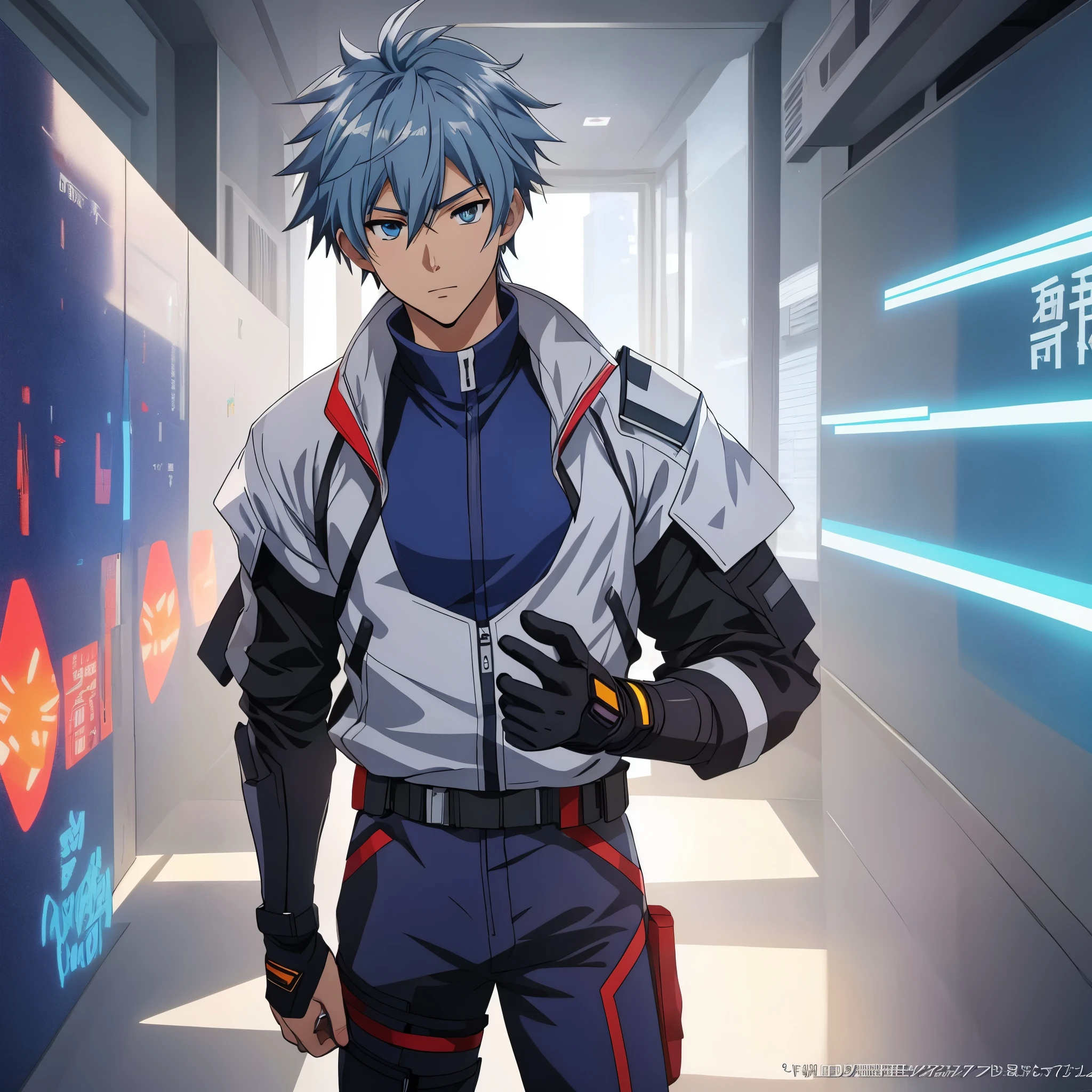 1 male, solo, dynamic scene, anime character wearing combat suit, kaworu nagisa, anime handsome man, male anime character, tall anime guy with blue eyes, hajime yatate, anime, fubuki, action anime pose, yukito kishiro, young anime man, official art, makoto kano, male anime style, masterpiece, rtx, ray tracing, highly detailed, best quality, official art