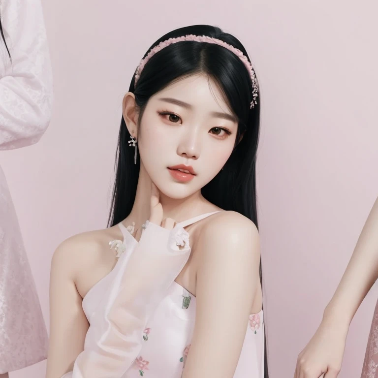 un primer plano de una mujer con un vestido blanco con un fondo rosa, jaeyeon nam, Jinyoung Shin, portrait of jossi of rosa ?????, sha xi, kim doyoung, bae suzy, jossi of rosa ?????, portrait jisoo rosa ?????, TaeJune Kim, rosa ?????, jia, oficial, yanjun chengt, oficial fanart, yo, heonhwa choe