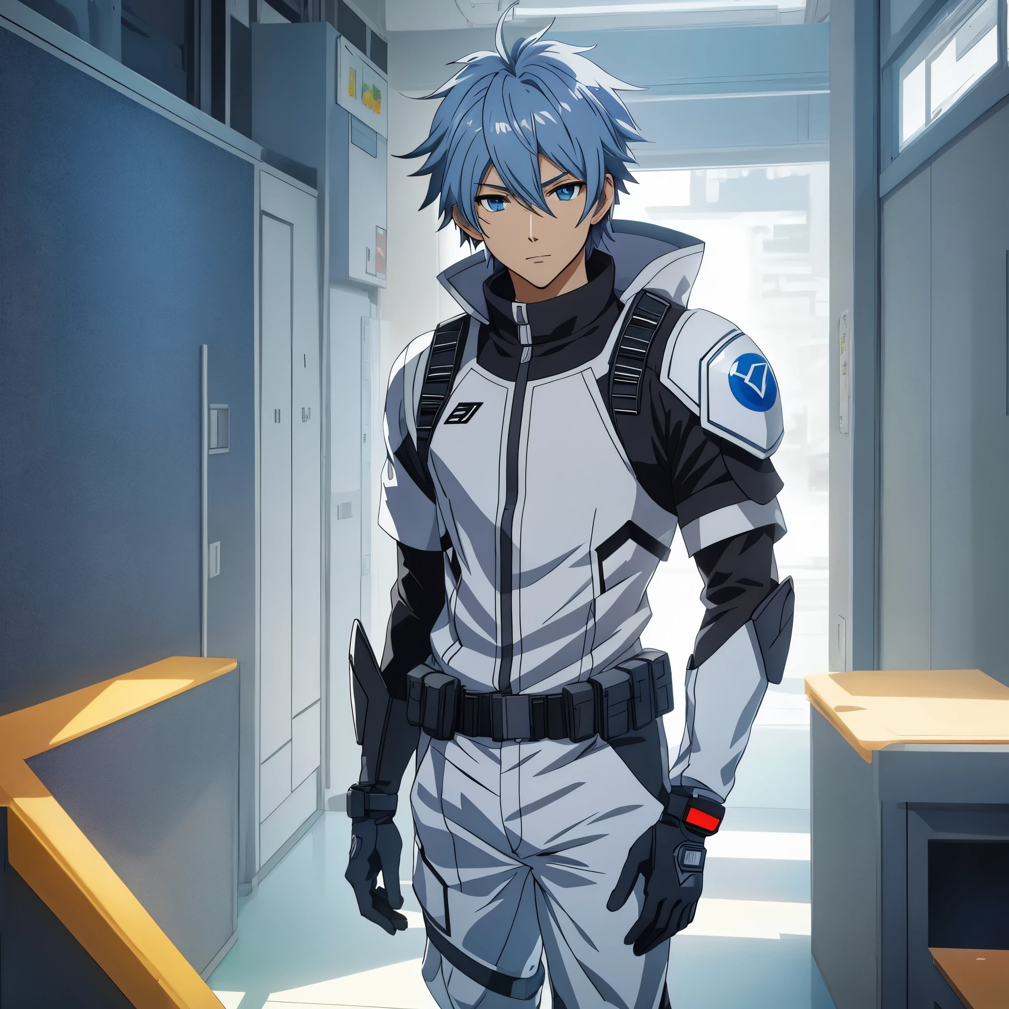 1 male, solo, dynamic scene, anime character wearing combat suit, kaworu nagisa, anime handsome man, male anime character, tall anime guy with blue eyes, hajime yatate, anime, fubuki, action anime pose, yukito kishiro, young anime man, official art, makoto kano, male anime style, masterpiece, rtx, ray tracing, highly detailed, best quality, official art