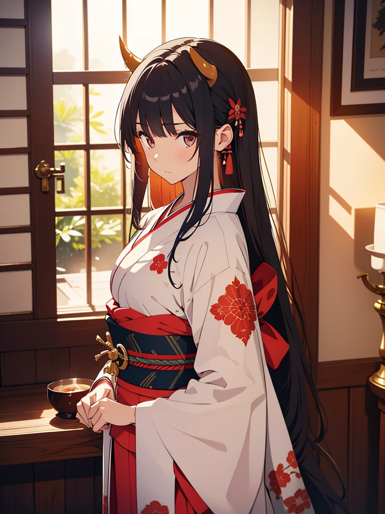 ((highest quality))、((8K))、((High resolution))、((masterpiece))、((Super detailed))、one girl、((Looking at the camera from the front))、((photo from the knees up))、((standing))、Black hair as glossy as lacquer、Pink eyes that sparkle like a rainbow、Quiet and timid big eyes、((Bangs like Yamato Nadeshiko))、(Brightly colored flower hairpins)、modest smile、Beautiful big breasts with good shape、(Beautiful and bright shrine maiden clothes)、(red long hakama:1.1)、band、No sleeve、wide sleeve、white shirt
