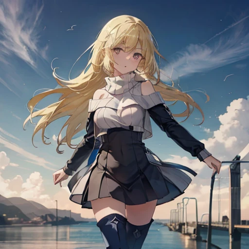 (8K, better quality, masterpiece:1.2), (realist, foto-realist:1.37), super detailed, 1 girl, beautiful, alone, beautiful and detailed sky, detailed environment , noon,(ruddy nose),  (close your mouth), beautiful and fine eyes,(long hair:1.2), NovaFrogStyle floating hair, (Aiz Wallenstein de Danmachi), 完璧なwhole body, whole body, seductive feet,off shoulder sweater,Pink mini skirt,black tights,ankle fur,sneakers,In town,walking