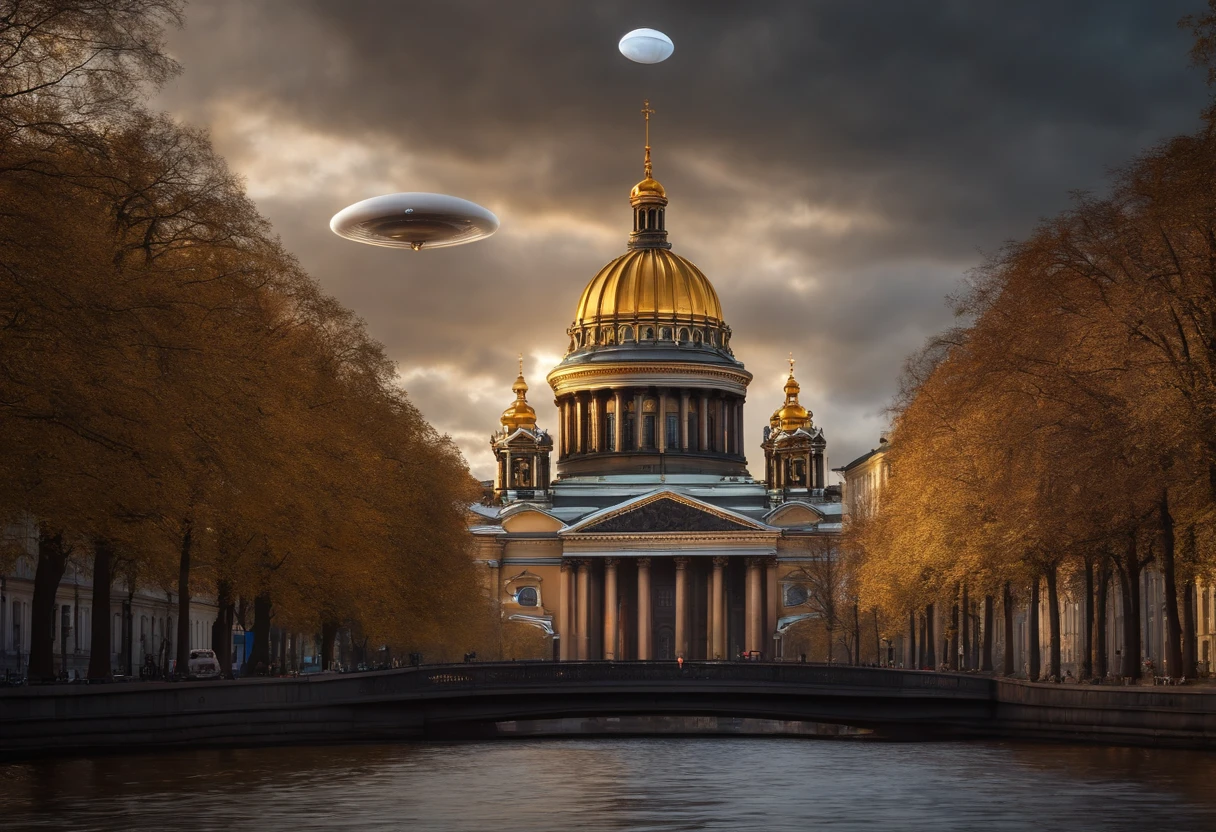 (((St. Petersburg))), (cathedral with a large golden dome) BREAK ((A photo-realistic capturing of the flying giant white discoid alien mothership with a huge diameter, hovering at an altitude of 1 kilometer above city)), interstellar, spaceship, (Best Quality, 16K, Masterpiece, Ultra HD:1.3, Huge detail, hyper realistic, epic scale, insane level of details)