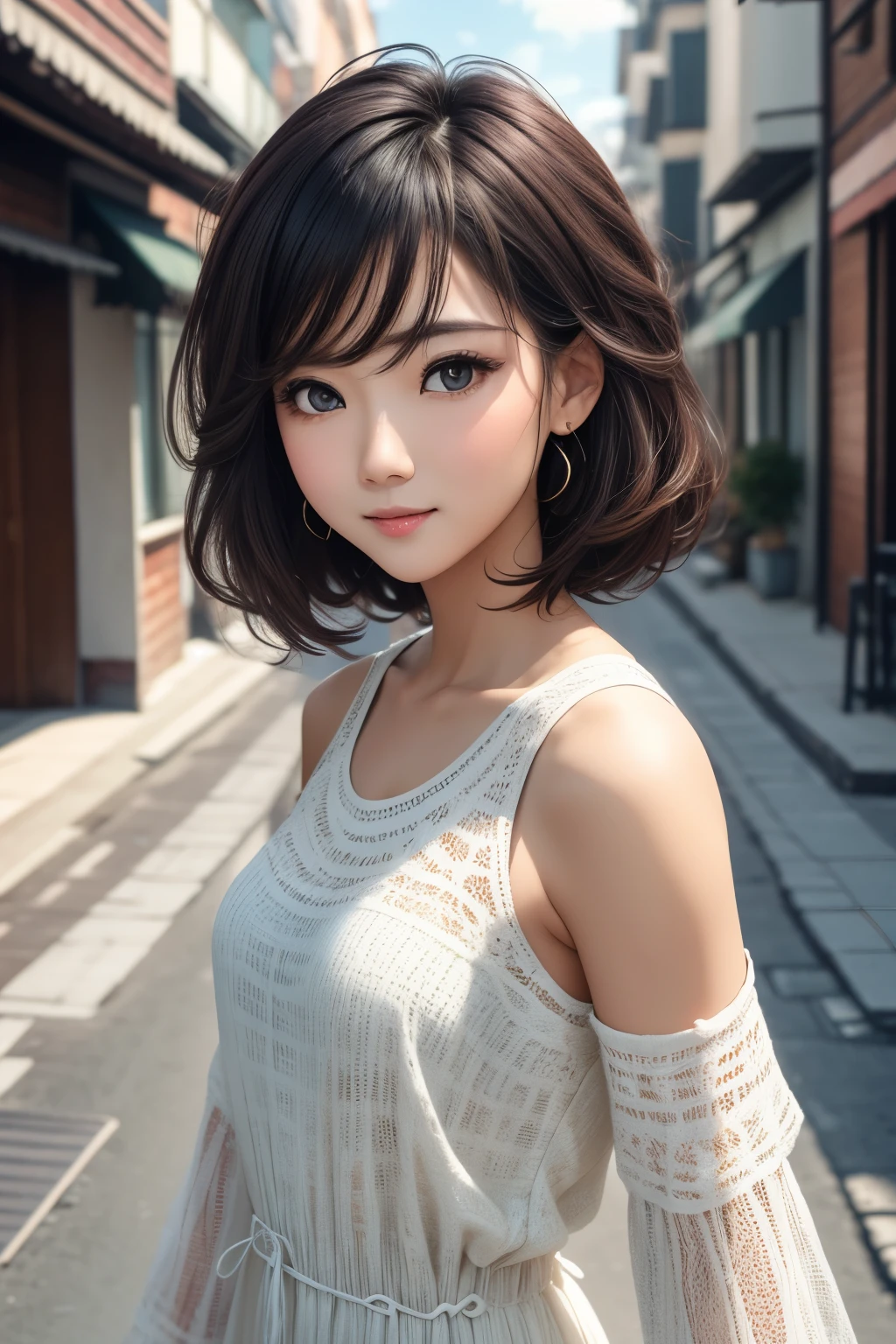 best quality, 32k, RAW photo, incredibly absurdres, extremely detailed, neat and cute beauty, flowing layered short bob cut, wearing loose and fluffy knit dress, slender, professional lighting