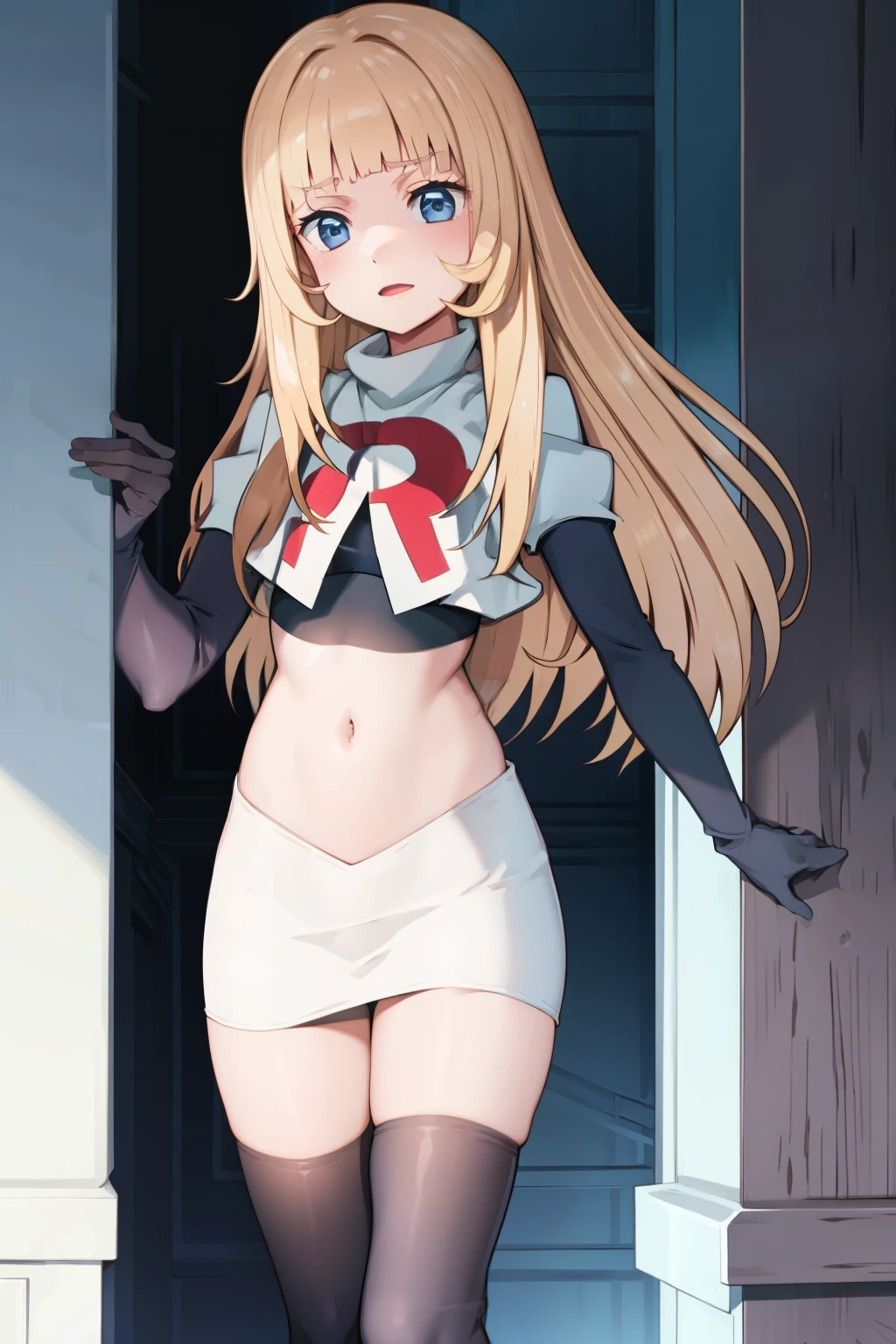 masterpiece, best quality, SvnV4, 1girl, solo, team rocket,team rocket uniform, red letter R, white skirt,white crop top,black thigh-highs,black elbow gloves,