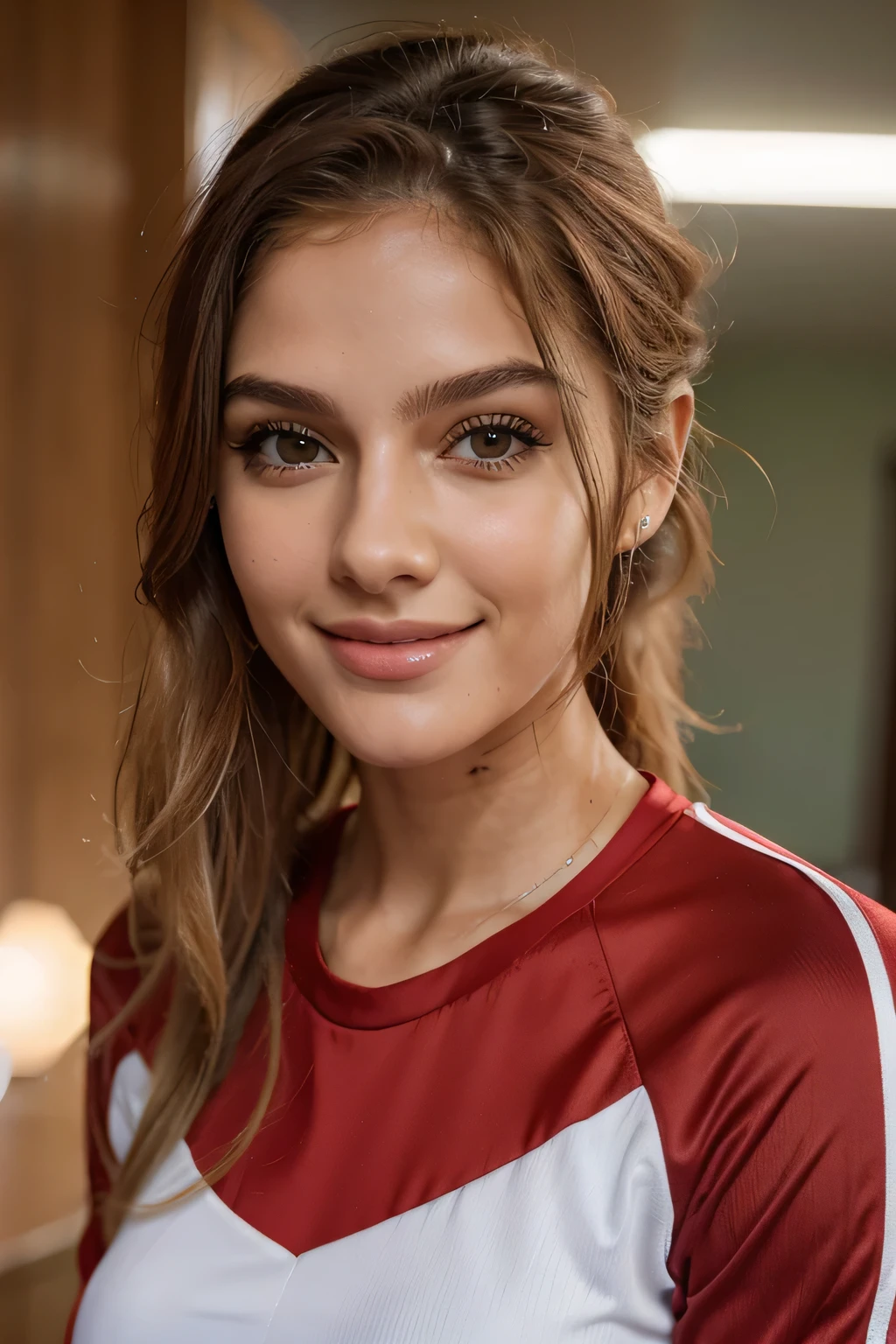 Mulher de 23 anos, muito bonita, cabelos aos ombros, rosto liso e fino, olhos verdes. cabelos loiros ondulados, Smiling expression, dressed in red sportswear for presentations, frontal a camera, 