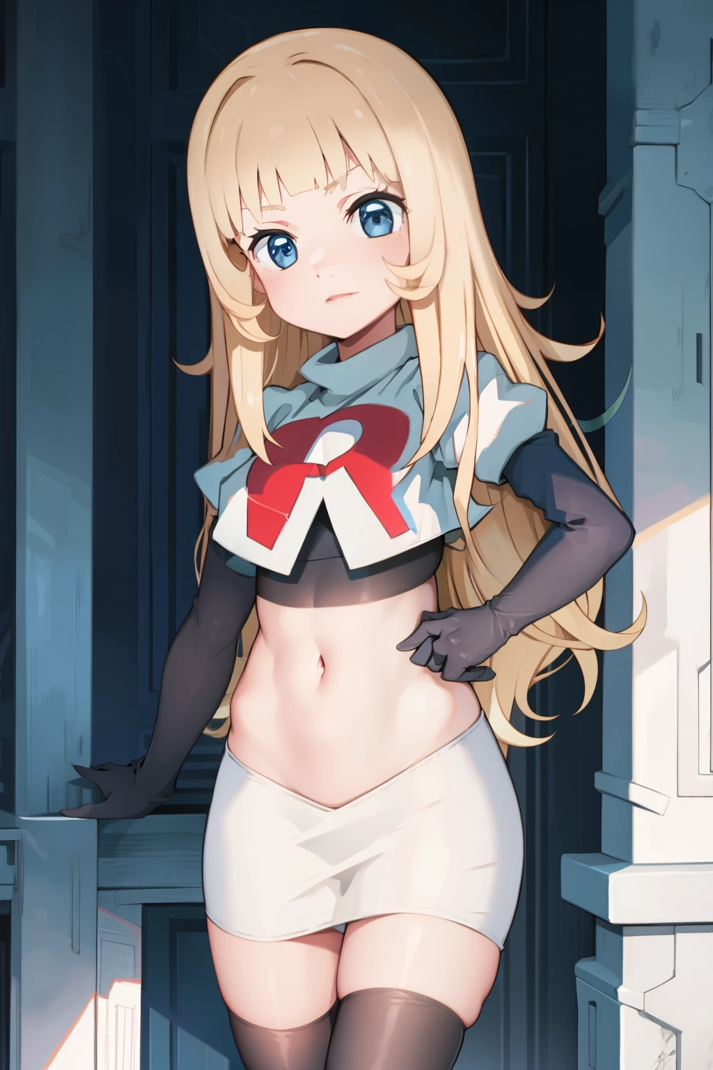 masterpiece, best quality, SvnV4, 1girl, solo, team rocket,team rocket uniform, red letter R, white skirt,white crop top,black thigh-highs,black elbow gloves,