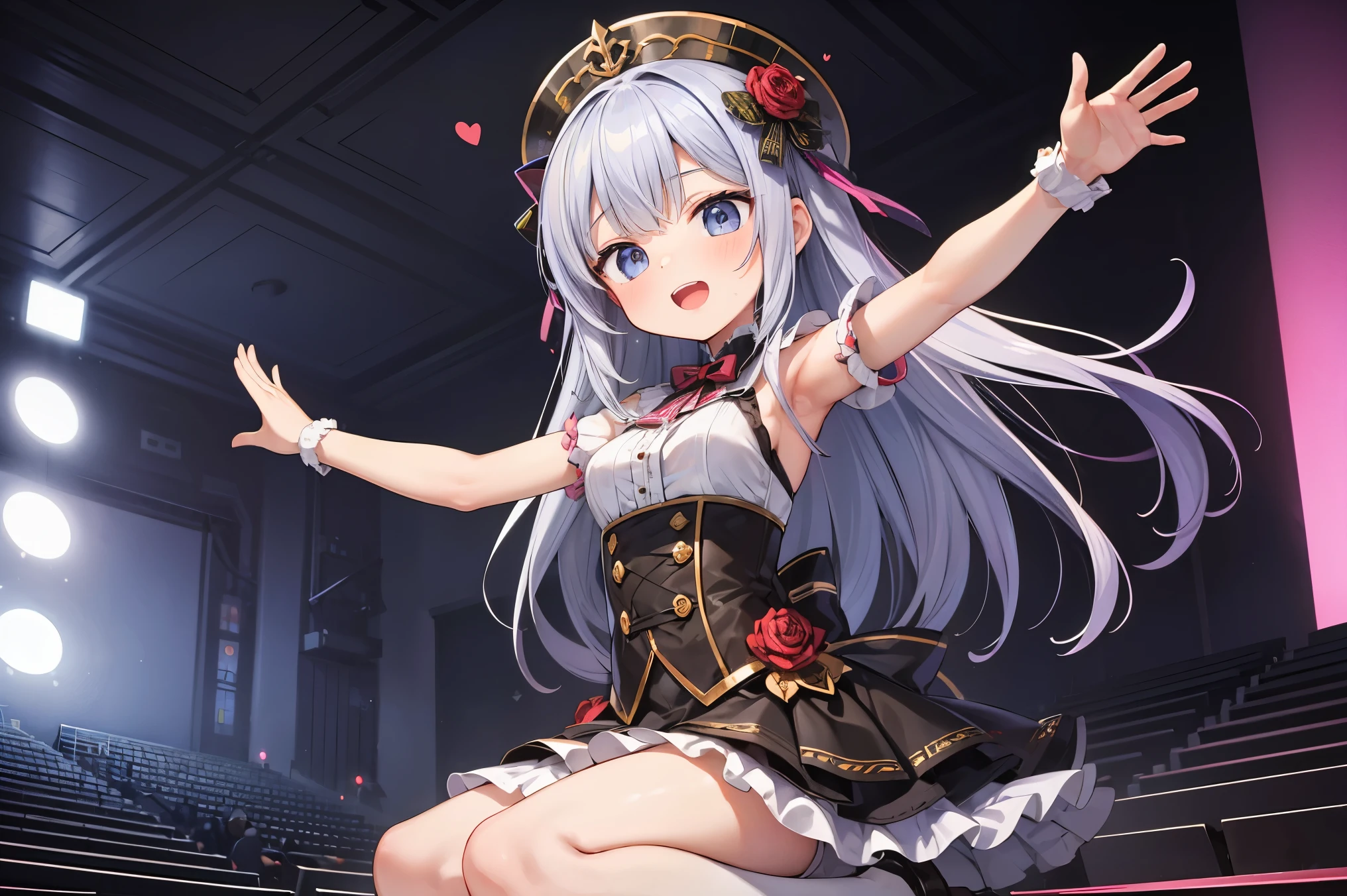 (absurdres, highres, ultra detailed, high resolution, masterpiece, best quality, very fine 8kcg wallpapers), 1 girl, solo, medium breasts, great joy, idol, concert venue, (raise arms and wave hands) or (heart pose), nice hands, perfect hands,