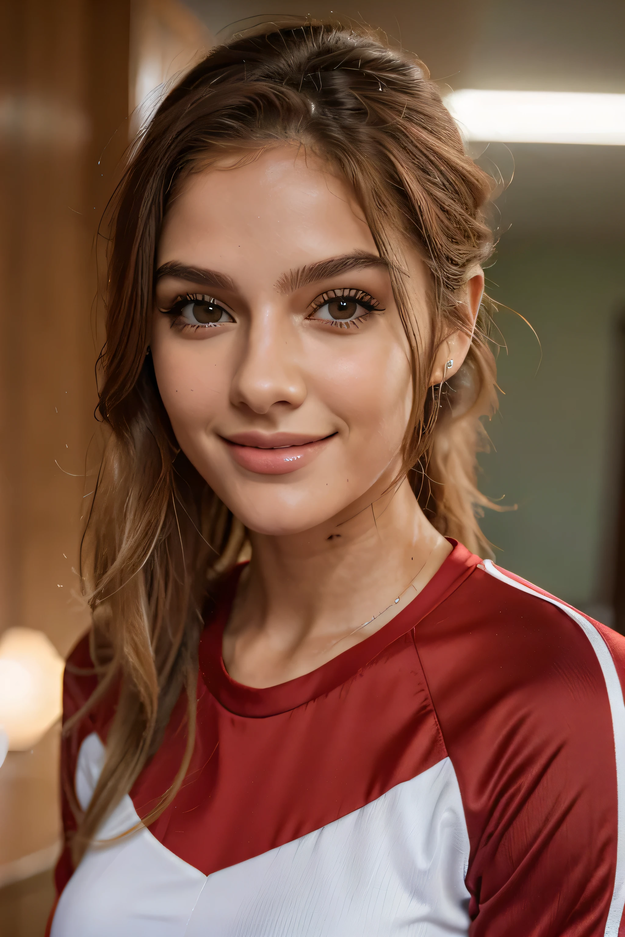 Mulher de 23 anos, muito bonita, cabelos aos ombros, rosto liso e fino, olhos verdes. cabelos loiros ondulados, Smiling expression, dressed in red sportswear for presentations, frontal a camera, 