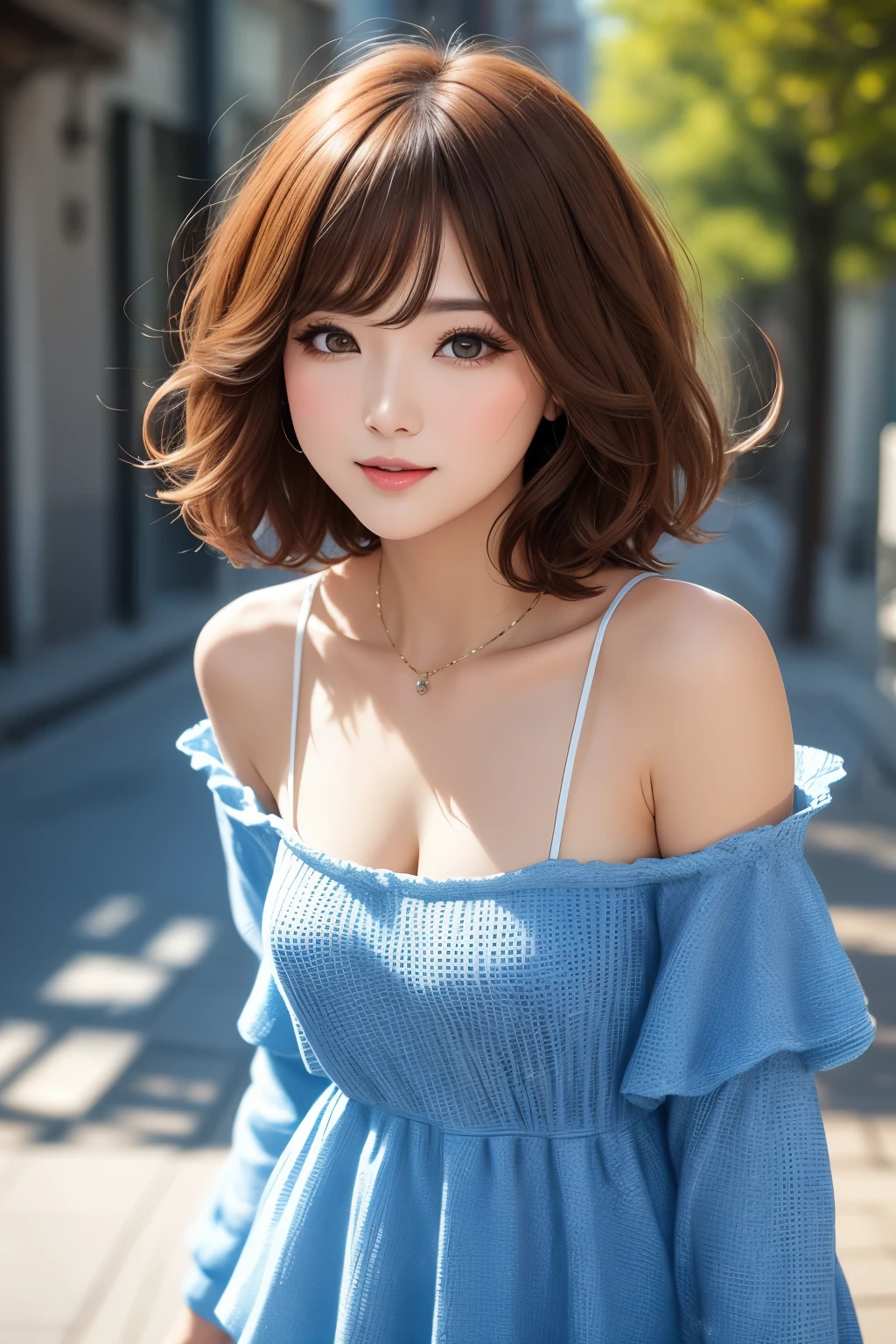 best quality, 32k, RAW photo, incredibly absurdres, extremely detailed, neat and cute beauty, flowing layered short bob cut, wearing loose and fluffy knit dress, slender, professional lighting