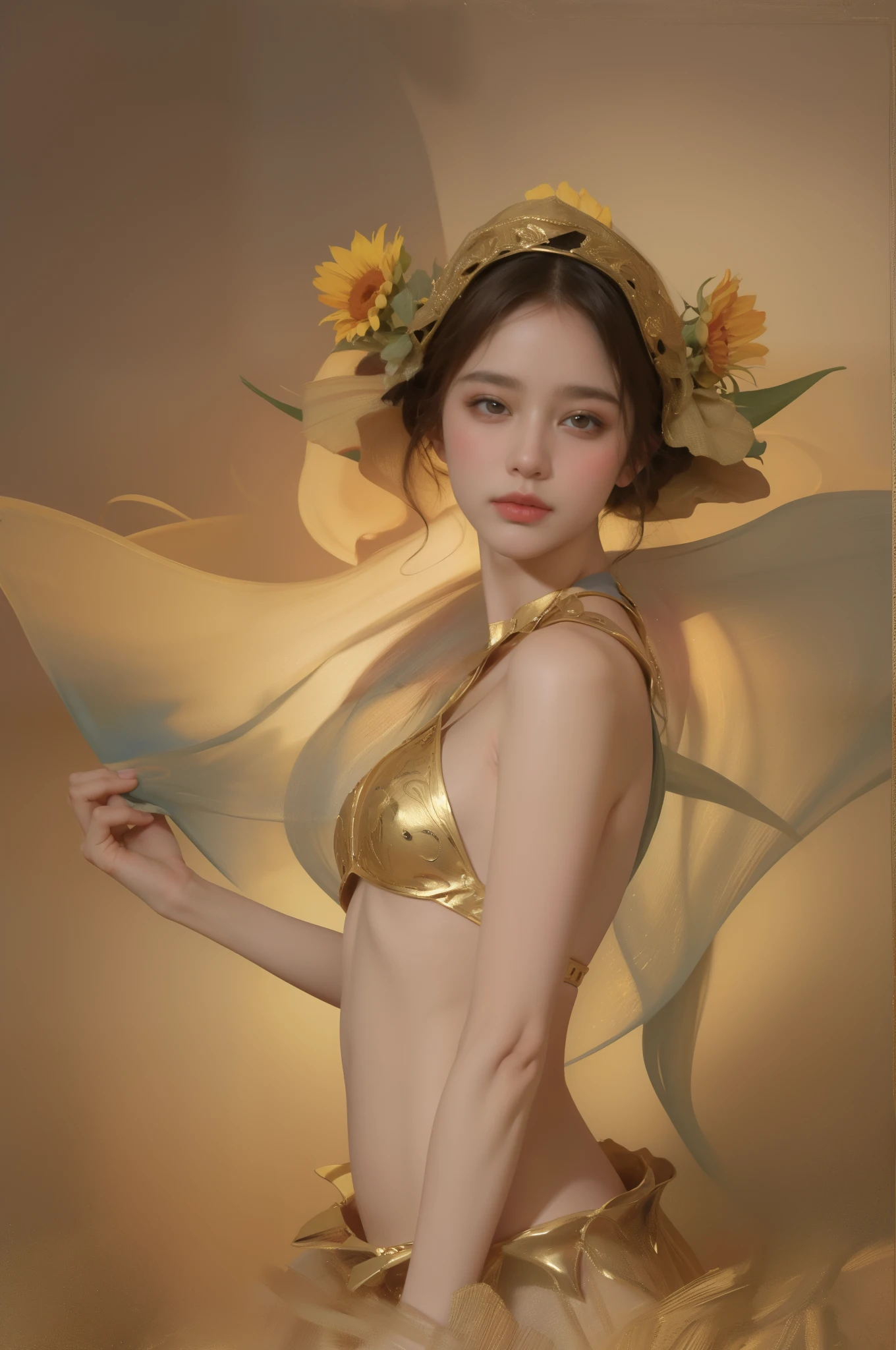 (masterpiece, top quality, best quality, official art, beautiful and aesthetic:1.2), (1girl), extreme detailed,(fractal art:1.3),colorful,highest detailed chiaroscuro technique on painting of a woman holding a bouquet of sunflowers in front of a golden background, hyperrealistic art nouveau, chie yoshii, andrey remnev, by Yamagata Hiro, mucha klimt and tom bagshaw, inspired by J. C. Leyendecker, inspired by J.C. Leyendecker, inspired by James C. Christensen, matte painting, by Hannah Dale, by Harumi Hironaka, extremely soft colors, vibrant, highly detailed, digital illustrations , high contrast, dramatic, refined, tonal, emotional expression, golden ratio