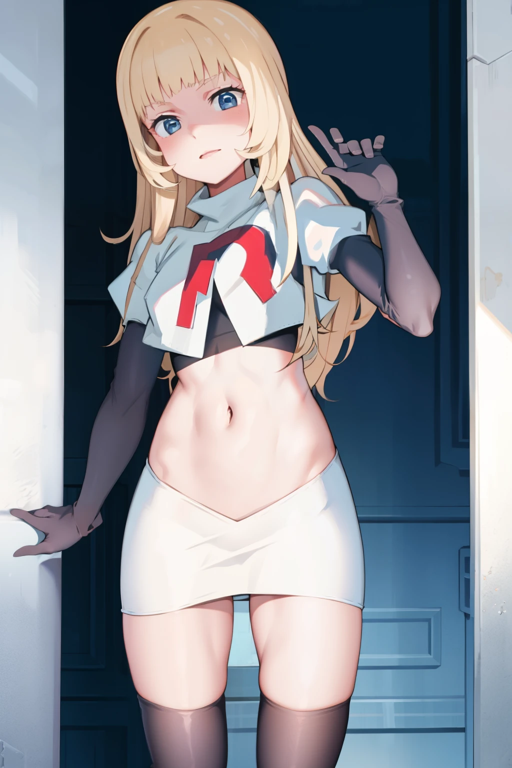 masterpiece, best quality, SvnV4, 1girl, solo, team rocket,team rocket uniform, red letter R, white skirt,white crop top,black thigh-highs,black elbow gloves,