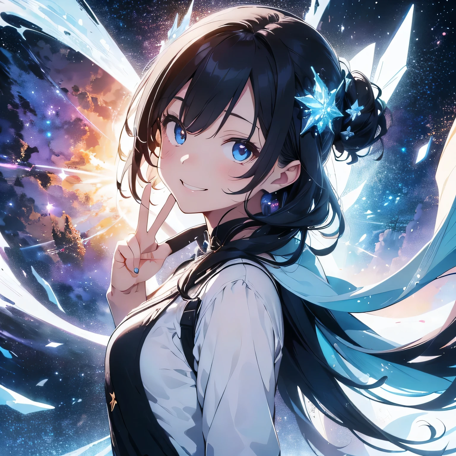 nebula girl, multiverse, Color hybrids, Line details, can&#39;can&#39;t believe it, Super detailed, very detailed, (high contrast: 1.11), Wind, wonderful, beautiful and fine eyes, (peace sign:1.5),(Dazzling smile:1.3),messy hair, (best light, very delicate and beautiful), ((movie light)), (Side view: 1.3), 8K, masterpiece, highest quality, movie stills, 1 girl, floating in the sky, Interlaced cloud, cloud, (close: 1.1), bright, Happy, interesting, soft lighting, (bauhaus, shape, got it, abstraction: 1.1) official art, unity 8k wallpaper, ultra detail, beautiful and beautiful, masterpiece, highest quality, (dynamic angle: 1.4), romantic depth of field exotic_dance, Perfect Nwsj Magic, (masterpiece, highest quality, highest quality, official art, beauty and aesthetic: 1.2), extreme detail, colorful, best details, snow scene, Crystal of snow, Ice Blue Castle, like, Dark cloves, shining eyes, snowdrift, wood, Dramatic and eerie atmosphere, snow scene, Crystal of snow, Ice Blue Castle ,like,Dark cloves , shining eyes,snowdrift, wood,Dramatic and eerie atmosphere