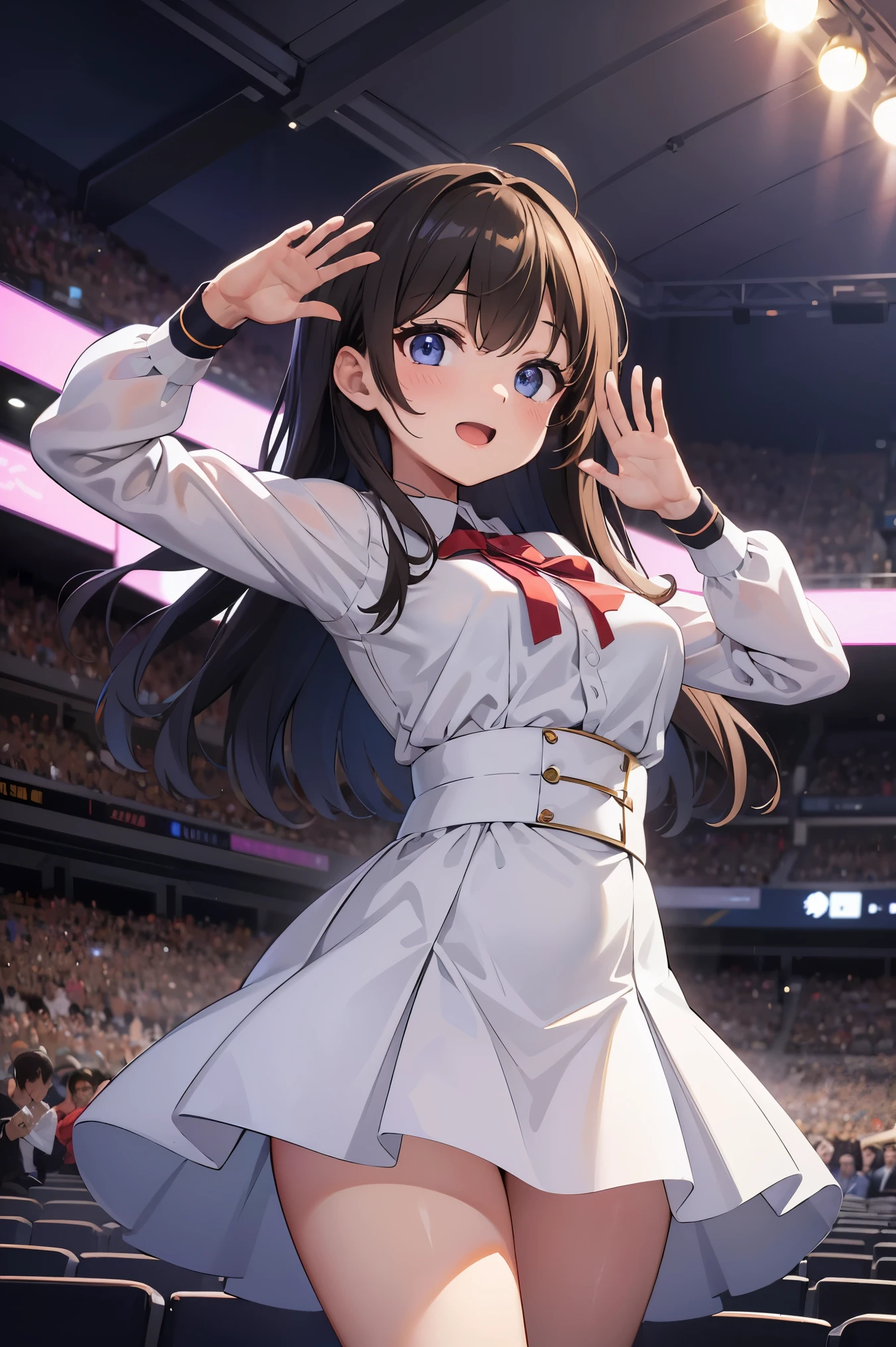 (absurdres, highres, ultra detailed, high resolution, masterpiece, best quality, very fine 8kcg wallpapers), 1 girl, solo, medium breasts, great joy, idol, concert venue, (raise arms and wave hands) or (heart pose), nice hands, perfect hands,