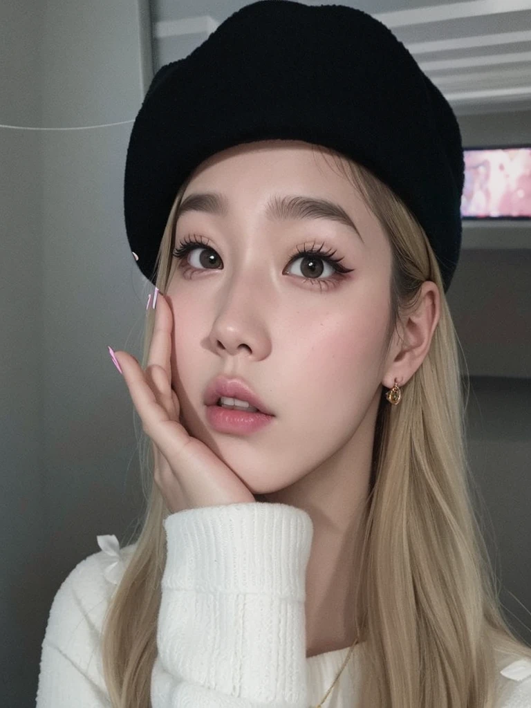 un primer plano de una persona con un sombrero y una mano en la cara, parque roseanne de blackpink, portrait of jossi de blackpink, jossi de blackpink, ulzzang, Jinyoung Shin, maquillaje popular de corea del sur, heonhwa choe, maquillaje coreano popular, sol yunjoo, muchacha coreana, aparcar desde-min, kim doyoung, jaeyeon nam