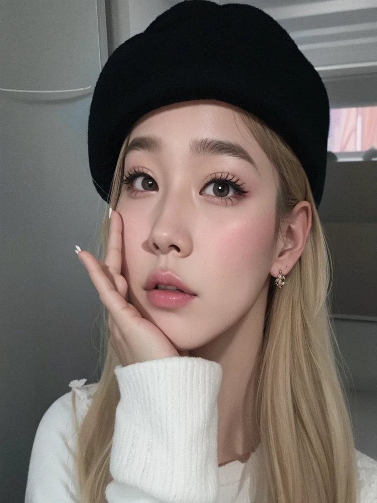 un primer plano de una persona con un sombrero y una mano en la cara, parque roseanne de blackpink, portrait of jossi de blackpink, jossi de blackpink, ulzzang, Jinyoung Shin, maquillaje popular de corea del sur, heonhwa choe, maquillaje coreano popular, sol yunjoo, muchacha coreana, aparcar desde-min, kim doyoung, jaeyeon nam