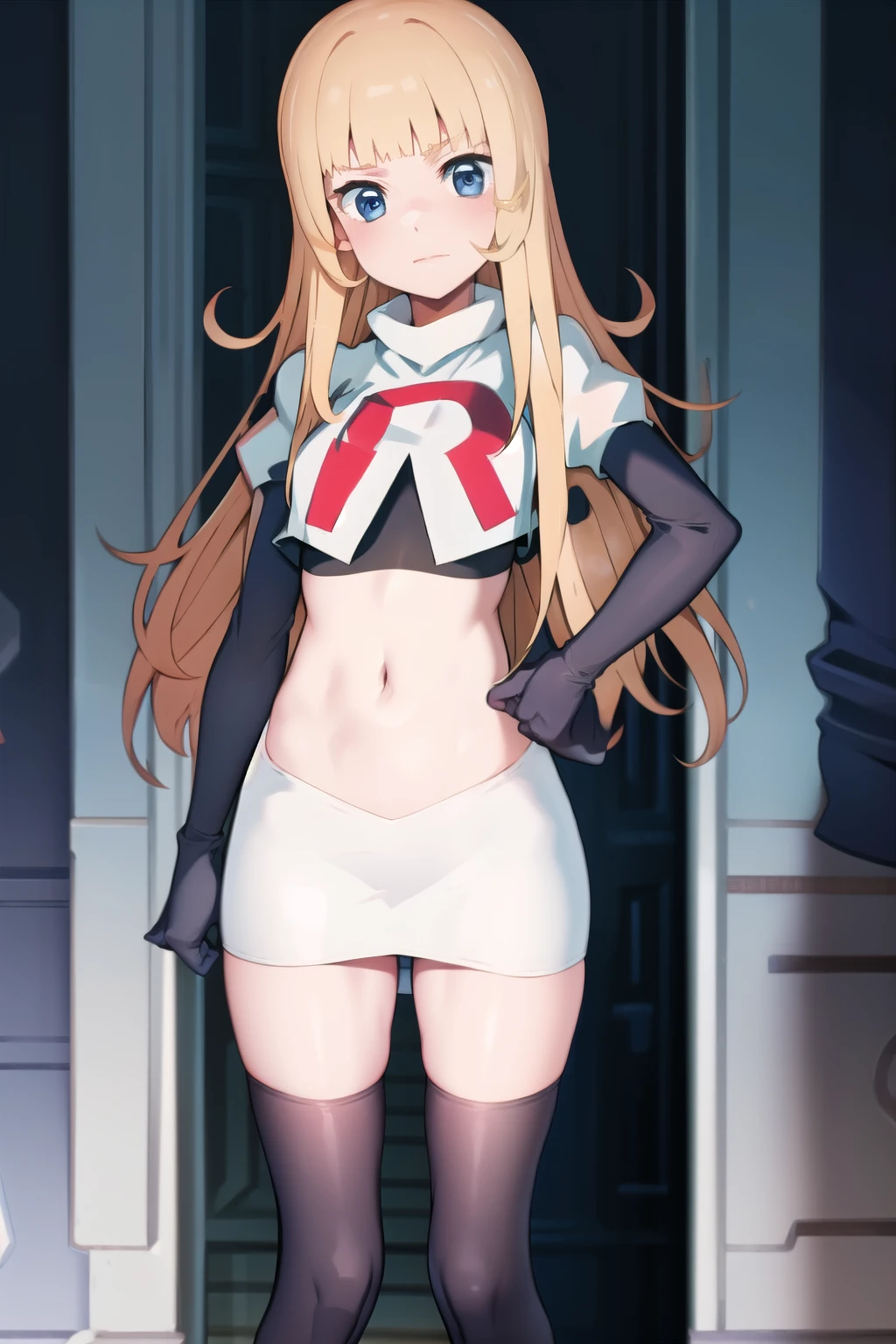 anime,(masterpiece, top quality, best quality, official art, beautiful and aesthetic:1.2), (1girl),extreme detailed,highest detailed, team rocket,team rocket uniform,white skirt,red letter R,crop top,black thigh-highs,black elbow gloves,