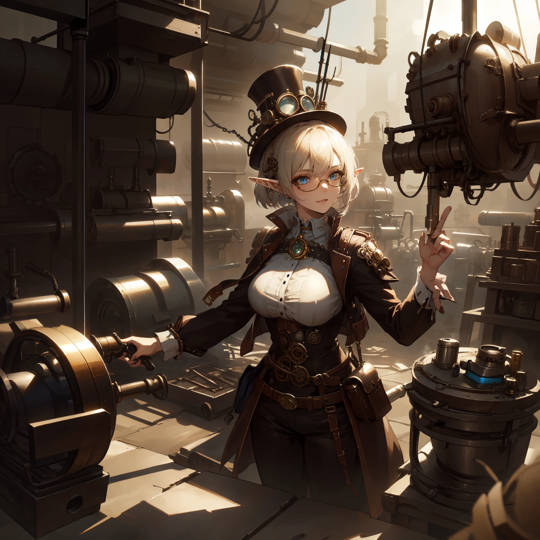((masterpiece )), (top quality), (best quality), ((ultra-detailed, 8k quality)), Aesthetics, Cinematic lighting, (detailed line art), Beautiful digital artwork, Exquisite digital illustration, absurdres,
BREAK,
beautiful elf girl using tools next to a desk, in a factory, Workshops, waterr pipe, water tank, 18 century, (steampunk helmet with goggles), steampunk_costume, (avairy coat), glasses, cell shading, cinematic dramatic atmosphere, dynamic angle, high quality cell shaded illustration in Fantasy steampunk style by Yoji Shinkawa, detailed and intricate environment, artstation, concept art, fluid and sharp focus, by ((Mikimoto Haruhiko)),
BREAK,
(best shadow), intricate details, interior, dark studio, muted colors, key spring-enhanced, clockwork, bronze, copper, steel, dangerous, sharp, intricately detailed dramatic atmospheric, (steam punk), SteamPunkAI, CogPunkAI,
BREAK,
highly detailed of (elf), (1girl), perfect face, details eye, Bob cut hair, Blunt bangs, (hair between eye), blonde white hair, blue eyes, eyelashes, eyeshadow, pink eyeshadow, smile, design art by Artgerm, by Kawacy, By Yoshitaka Amano,
BREAK,
((perfect anatomy)), nice body, medium breast, (extremely detailed finger), best hands, perfect face, beautiful face, beautiful eyes, perfect eyes, (perfect fingers), correct anatomy,