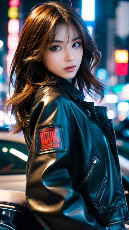 (Best quality, 8k, 32k, Masterpiece, UHD,:1.2), cyberpunk cityscape , riding a motorcycle , wearing a riders jacket,Japanese woman , ultra-detailed face, detailed eyes highly detailed lips ,dark brown hair, slender figure, fullbody