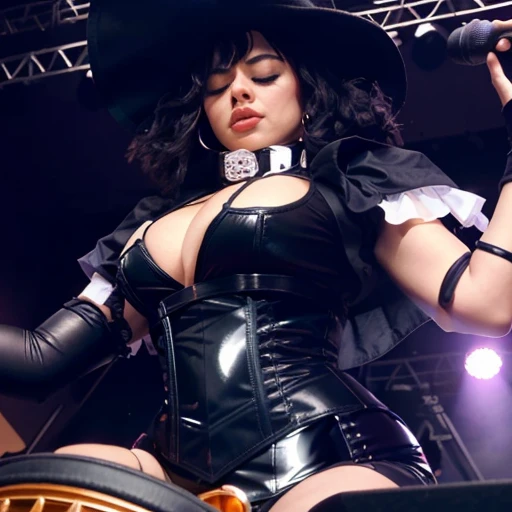 araffed woman in a black cuero outfit singing into a microphone, black cuero bra, in a cuero corset, charli xcx, black cuero harness, su ombligo esta expuesto, black latex clothing, Mila Kunis con gargantilla negra, abdomen expuesto, cuero, wearing cuero swim suite, foto del concierto, dressed in black cuero, actuando en el escenario