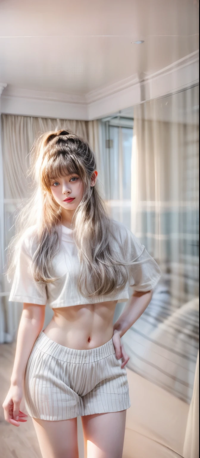 masterpiece、8K、32K、highest quality、(cute japanese woman、bangs:1.3)、23 years old、1 girl、elegant、(Are standing:1.1)、white over t-shirt