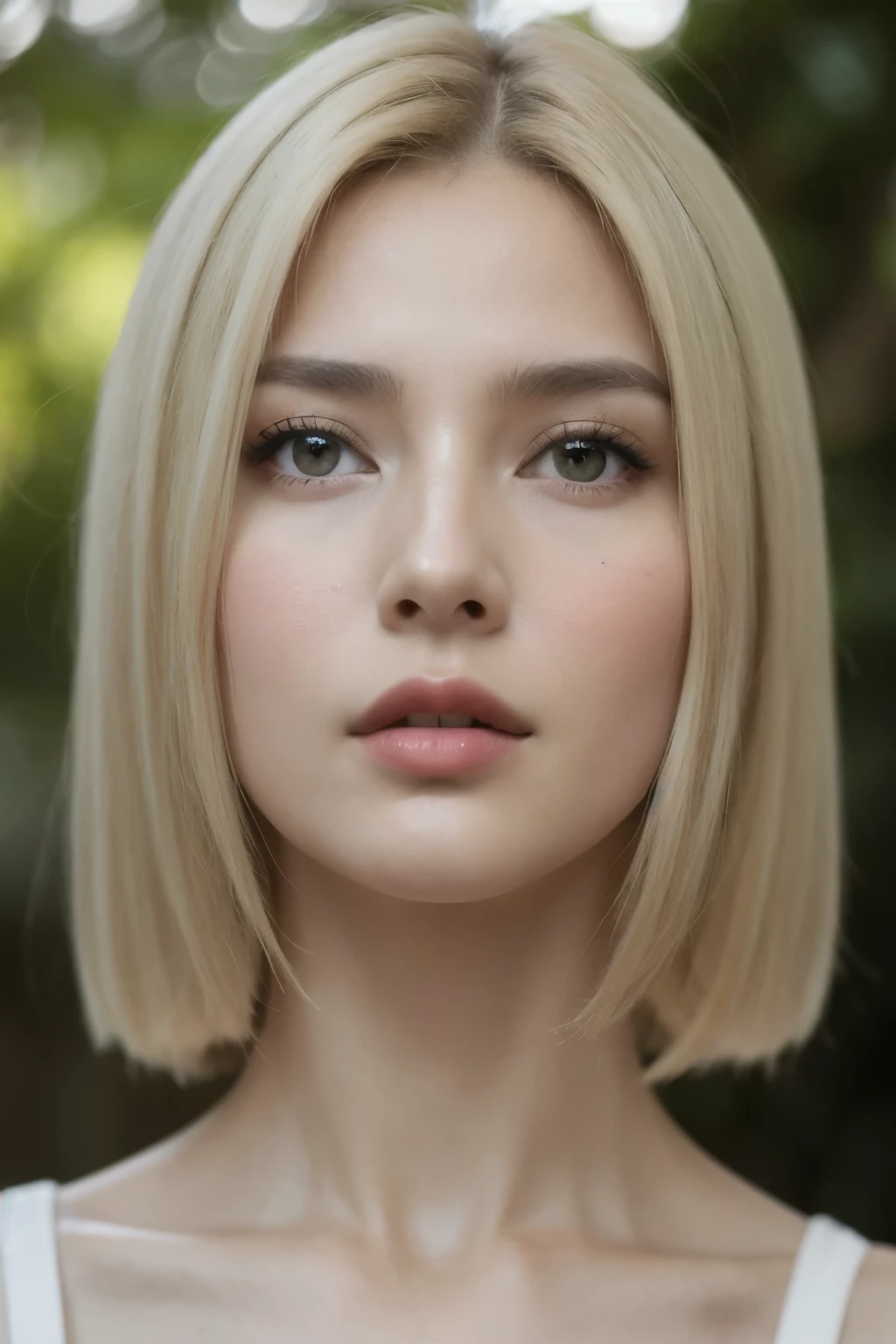 mujer rusa, edad 20, mirando de frente, rubia, del hombro para arriba, piel blanca, ojos verdes, nariz perfilada, labios rojos