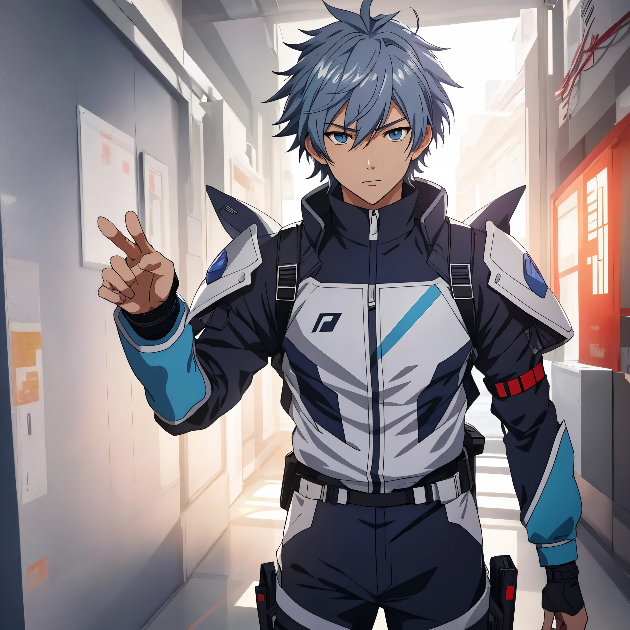 1 male, solo, dynamic scene, anime character wearing combat suit, kaworu nagisa, anime handsome man, male anime character, tall anime guy with blue eyes, hajime yatate, anime, fubuki, action anime pose, yukito kishiro, young anime man, official art, makoto kano, male anime style, masterpiece, rtx, ray tracing, highly detailed, best quality, official art