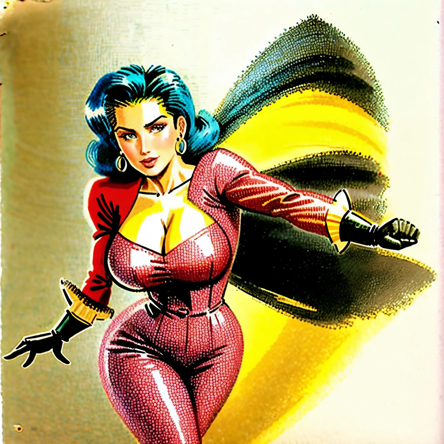In a vintage comics style reminiscent of the mid-20th century, the illustration portrays Carmenita Cruz, a spirited Latina heroine, with a classic hourglass figure. Her body exudes confidence and strength. In the background, vibrant colors and dynamic lines give a sense of action and adventure, suggesting Carmenita's readiness for any thrilling escapade or daring mission.