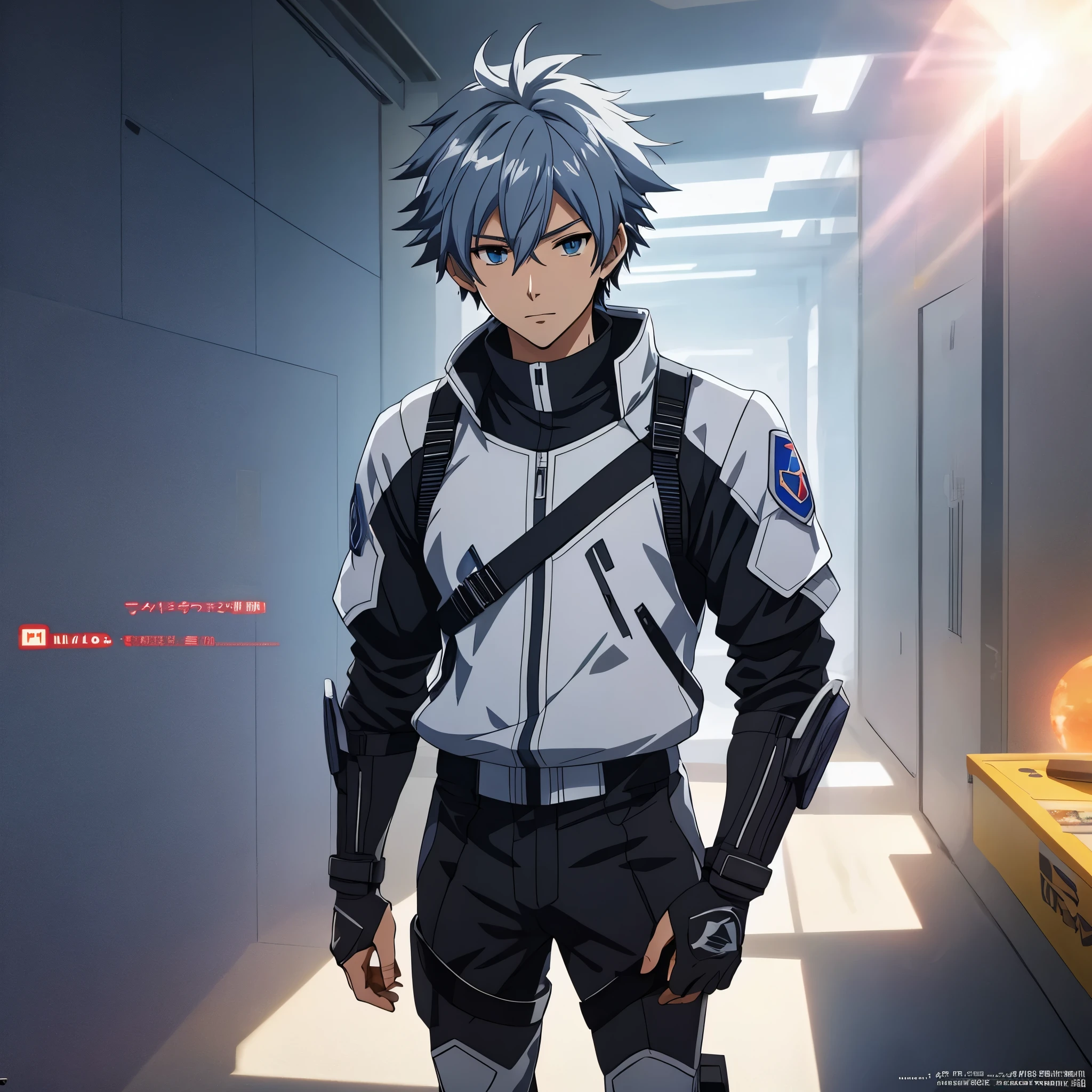 1 male, solo, dynamic scene, anime character wearing combat suit, kaworu nagisa, anime handsome man, male anime character, tall anime guy with blue eyes, hajime yatate, anime, fubuki, action anime pose, yukito kishiro, young anime man, official art, makoto kano, male anime style, masterpiece, rtx, ray tracing, highly detailed, best quality, official art