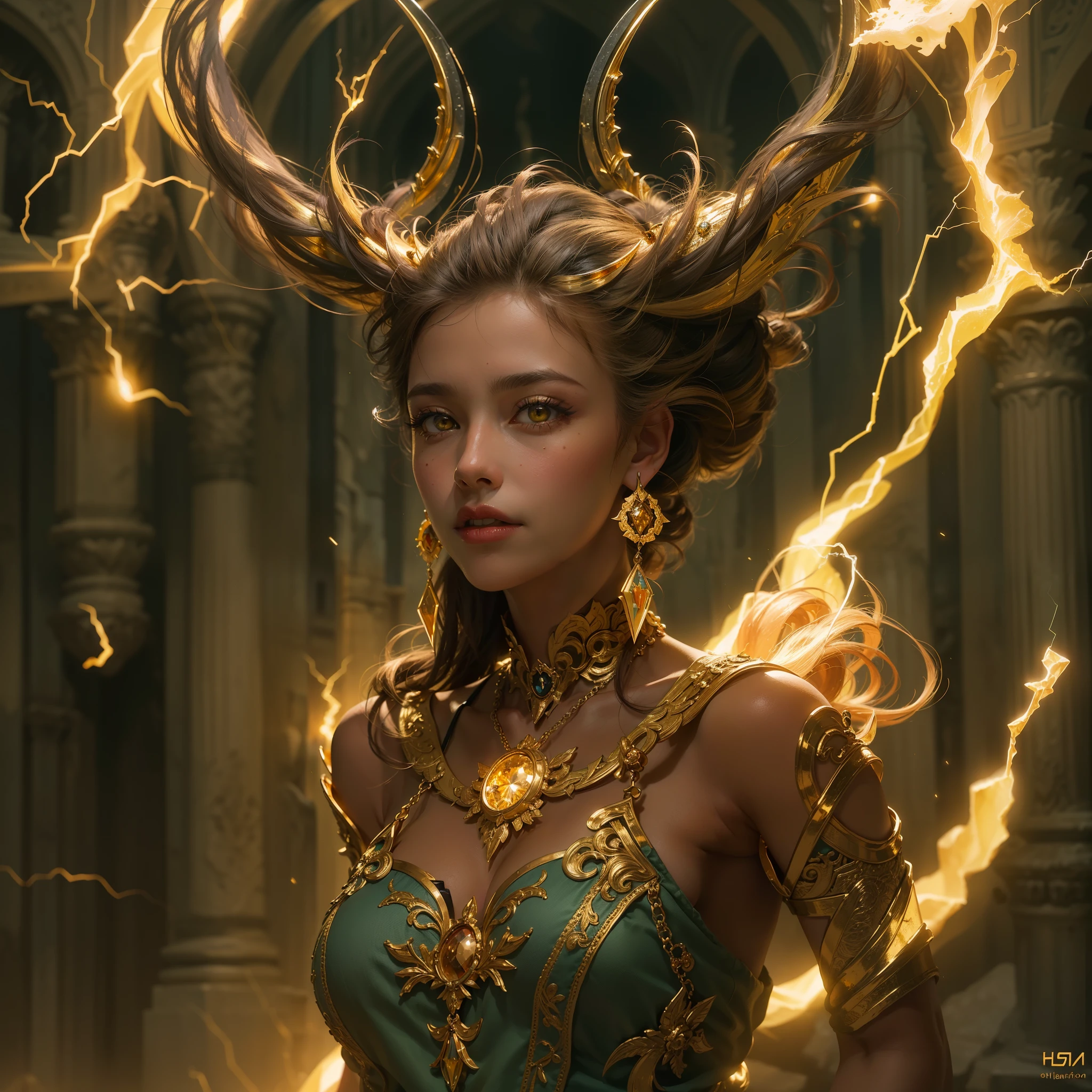 (Numerous award-winning masterpieces, with incredible detail, textures and maximum detail), (hyper realistic:1.4), (realistic:1.3), (best quality real texture skin), (finely detailed true circle Symmetrical eyes), finely detailed face, ((medieval world)), ((The Devil of the Lord's Thunder)), ((The Lord's lightning demon)), (burn brightly golden look in the eye), (She has a mischievous smile on her face), (Eyes that glow gold in the dark:1.5), (A pair of golden eyes with strong gold light emitting from within:1.5), bio luminescence, (full-body standing image:1.4), (gives full-body standing image:1.4), (full-body standing image:1.5), (Lightning and strong wind swirling in the background), (Dramatic Light), (A majestic sight), (Her countenance is gentle and beautiful, but somehow terrifying), Glass earrings on the ears, (dramatic photo:1.4), (Seducing Pose), ((dramatic pose)), (flamboyant photo), (golden hair), (silver hair), (chestnut hair), Short cut hair, ((looks up)), ((looking down)), (Around her neck is a simple necklace of exquisite workmanship), (Bio luminescence with a brilliant glow:1.1), (Use flashy lightning magic:1.4), (Swirling Thunder and lightning), The Great Temple of the Devil, The Devil's Grand Shrine, great temple, great cathedral, temple ruins, detached temple, (Luminous magic circle), Ruins of an ancient castle, Shining majestic cloud masses and sky, lightning bolt, epic realistic, faded, art, (Greg rutkowski:0.8), (teal and orange:0.4), (art station:1.5), cinematic, ((neutral colors)), (hdr:1.5), (muted colors:1.2), hyper detailed, dramatic light, (intricate details:1.1), complex background,((Very beautiful black woman))
