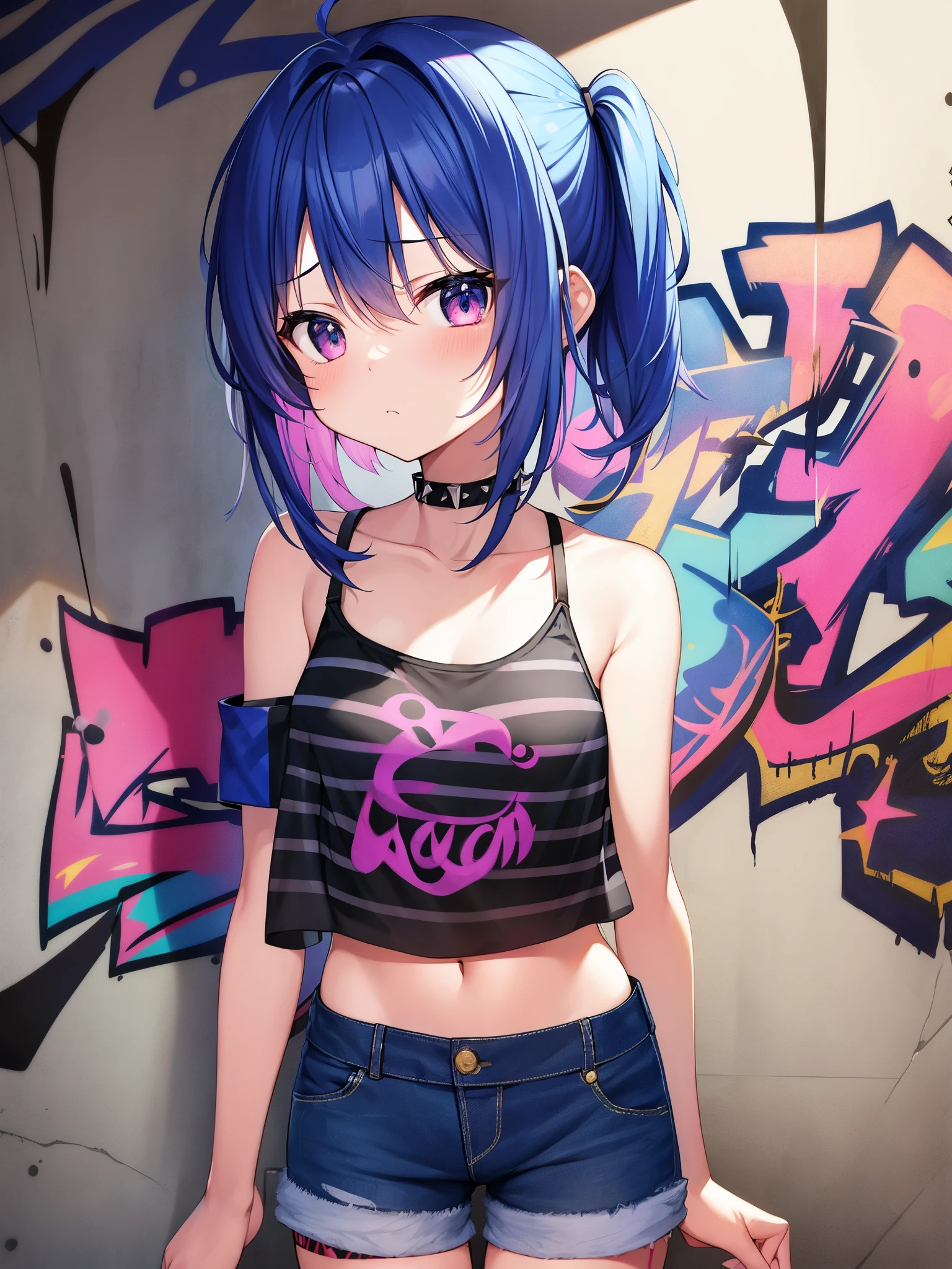 disorganized、highest quality、1 girl、solo、striped hair、crop top、Denim Shorts、choker、(graffiti:1.25)、Paint Splatter、Arms back and back、(leaning forward)、Leaning back、leaning against the wall、(leaning sideways:0.125) )、sight、armband、thigh strap、rainbow colored hair、Paint on the body、upward facing eyes、Head down、tilt your head、(From the side:1)、(Expressionless:0.75)、rum \(rumダヨ\)、diffraction spike、