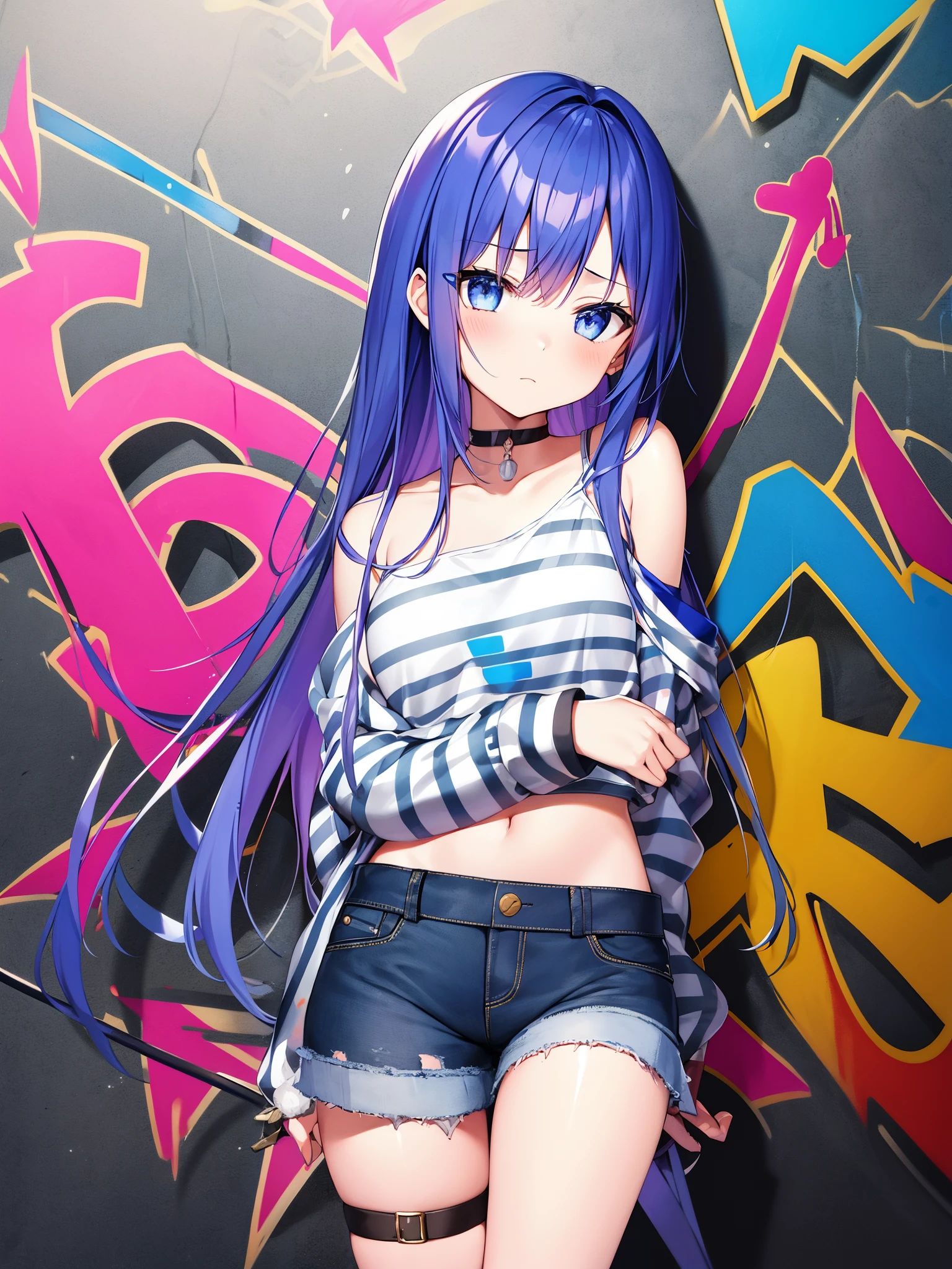 disorganized、highest quality、1 girl、solo、striped hair、crop top、Denim Shorts、choker、(graffiti:1.25)、Paint Splatter、Arms back and back、(leaning forward)、Leaning back、leaning against the wall、(leaning sideways:0.125) )、sight、armband、thigh strap、rainbow colored hair、Paint on the body、upward facing eyes、Head down、tilt your head、(From the side:1)、(Expressionless:0.75)、rum \(rumダヨ\)、diffraction spike、