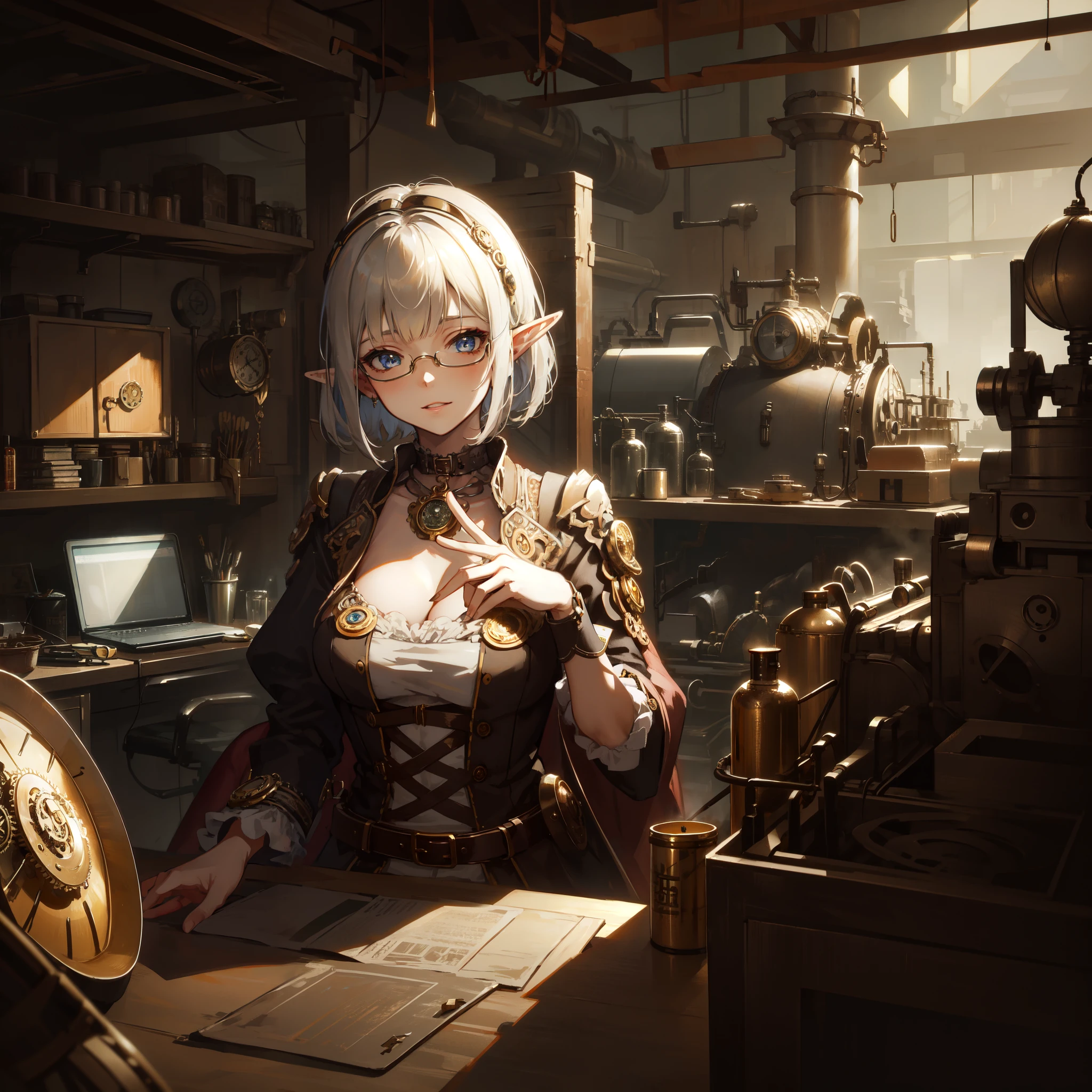 ((masterpiece )), (top quality), (best quality), ((ultra-detailed, 8k quality)), Aesthetics, Cinematic lighting, (detailed line art), Beautiful digital artwork, Exquisite digital illustration, absurdres,
BREAK,
beautiful elf girl using tools next to a desk, in a factory, Workshops, waterr pipe, water tank, 18 century, (steampunk helmet with goggles), steampunk_costume, (avairy coat), glasses, cell shading, cinematic dramatic atmosphere, high quality cell shaded illustration in Fantasy steampunk style by Yoji Shinkawa, detailed and intricate environment, artstation, concept art, fluid and sharp focus, by ((Mikimoto Haruhiko)),
BREAK,
(best shadow), intricate details, interior, dark studio, muted colors, key spring-enhanced, clockwork, bronze, copper, steel, dangerous, sharp, intricately detailed dramatic atmospheric, (steam punk), SteamPunkAI, CogPunkAI,
BREAK,
highly detailed of (elf), (1girl), perfect face, details eye, Bob cut hair, Blunt bangs, (hair between eye), blonde white hair, blue eyes, eyelashes, eyeshadow, pink eyeshadow, smile, design art by Artgerm, by Kawacy, By Yoshitaka Amano,
BREAK,
((perfect anatomy)), nice body, medium breast, (extremely detailed finger), best hands, perfect face, beautiful face, beautiful eyes, perfect eyes, (perfect fingers), correct anatomy,