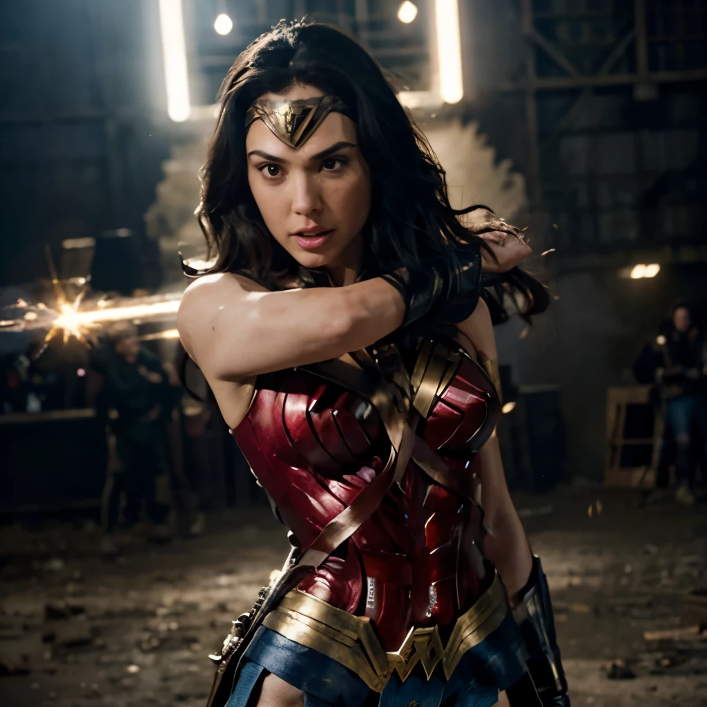 8k detailed photo, gal gadot, angry Wonder Woman full length image. shot of the face with details intact, epic effects as he stops bullets with his arms in the battle scene shot, ultra-detailed facial features, cinematic shot, dynamic lighting, reproduced up to 75 mm, Technicolor. Panavision, cinemascope, sharp focus, fine details,