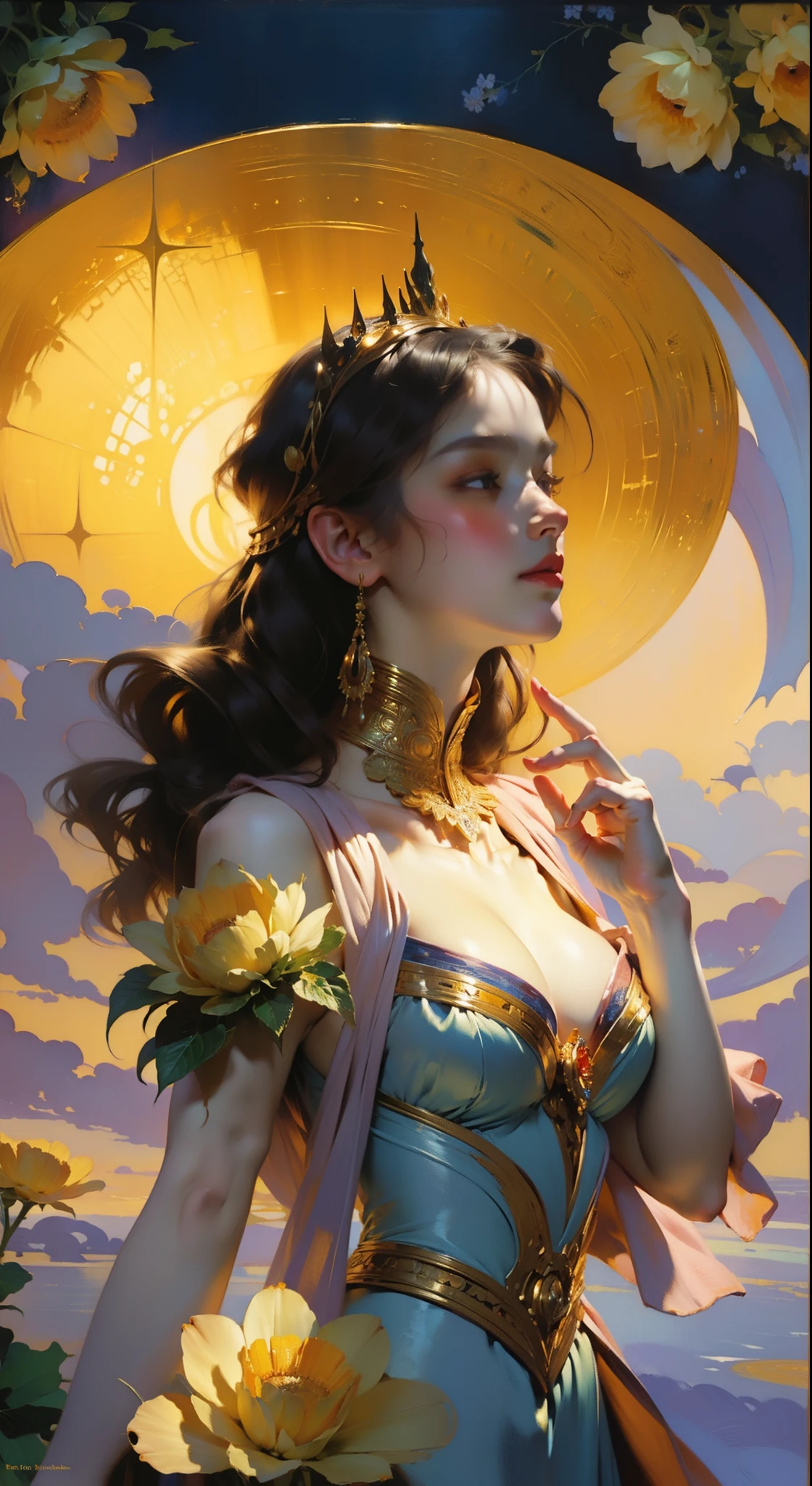 (masterpiece, top quality, best quality, official art, beautiful and aesthetic:1.2), (1girl), extreme detailed,(fractal art:1.3),colorful,highest detailed chiaroscuro technique on painting of a woman holding a bouquet of sunflowers in front of a golden background, hyperrealistic art nouveau, chie yoshii, andrey remnev, by Yamagata Hiro, mucha klimt and tom bagshaw, inspired by J. C. Leyendecker, inspired by J.C. Leyendecker, inspired by James C. Christensen, money everywhere
