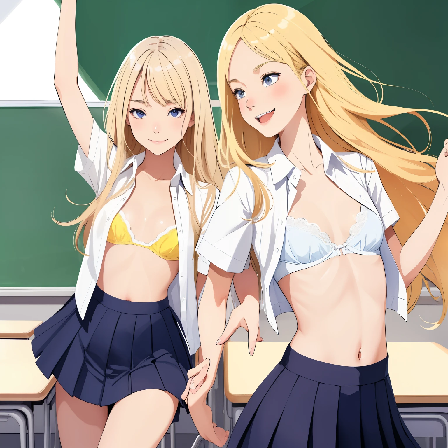 (super flat, flat shading, flat color:1.1), (classroom), 2 girls, Young , high school girl, slim, small breasts, blonde hair, school uniform, open shirt, white bra, Execution in class rom, enjoying, smile, smile, Emotional, wide angle, bright sunshine, best shadows, watercolor