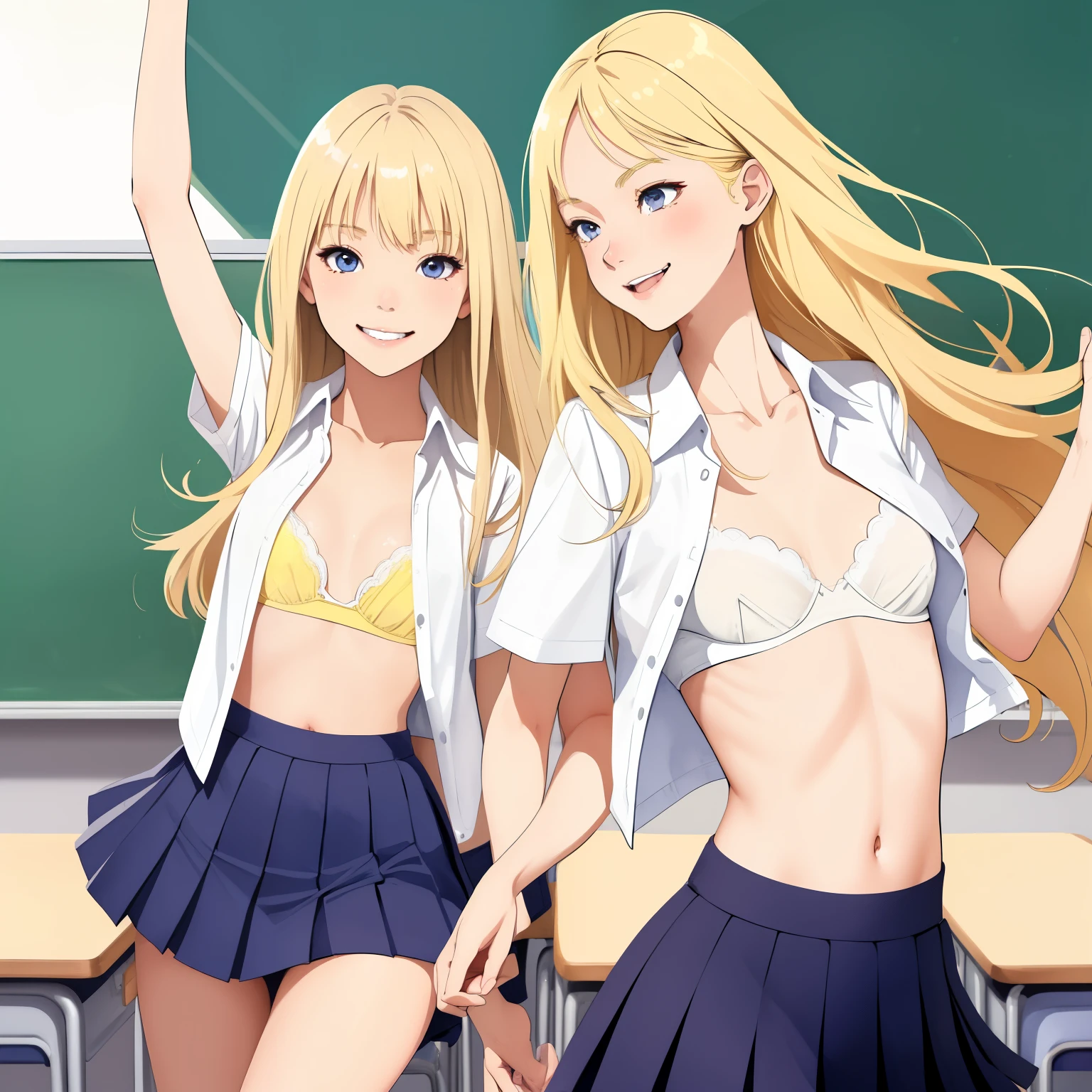 (super flat, flat shading, flat color:1.1), (classroom), 2 girls, Young teen, high school girl, slim, small breasts, blonde hair, school uniform, open shirt, white bra, Execution in class rom, enjoying, smile, smile, Emotional, wide angle, bright sunshine, best shadows, watercolor