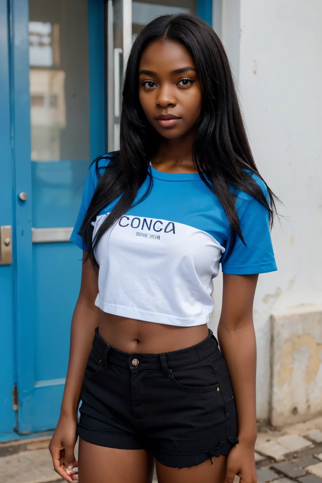 24 year old Haitian woman , resourceful poses for a photo wears big brand clothes
