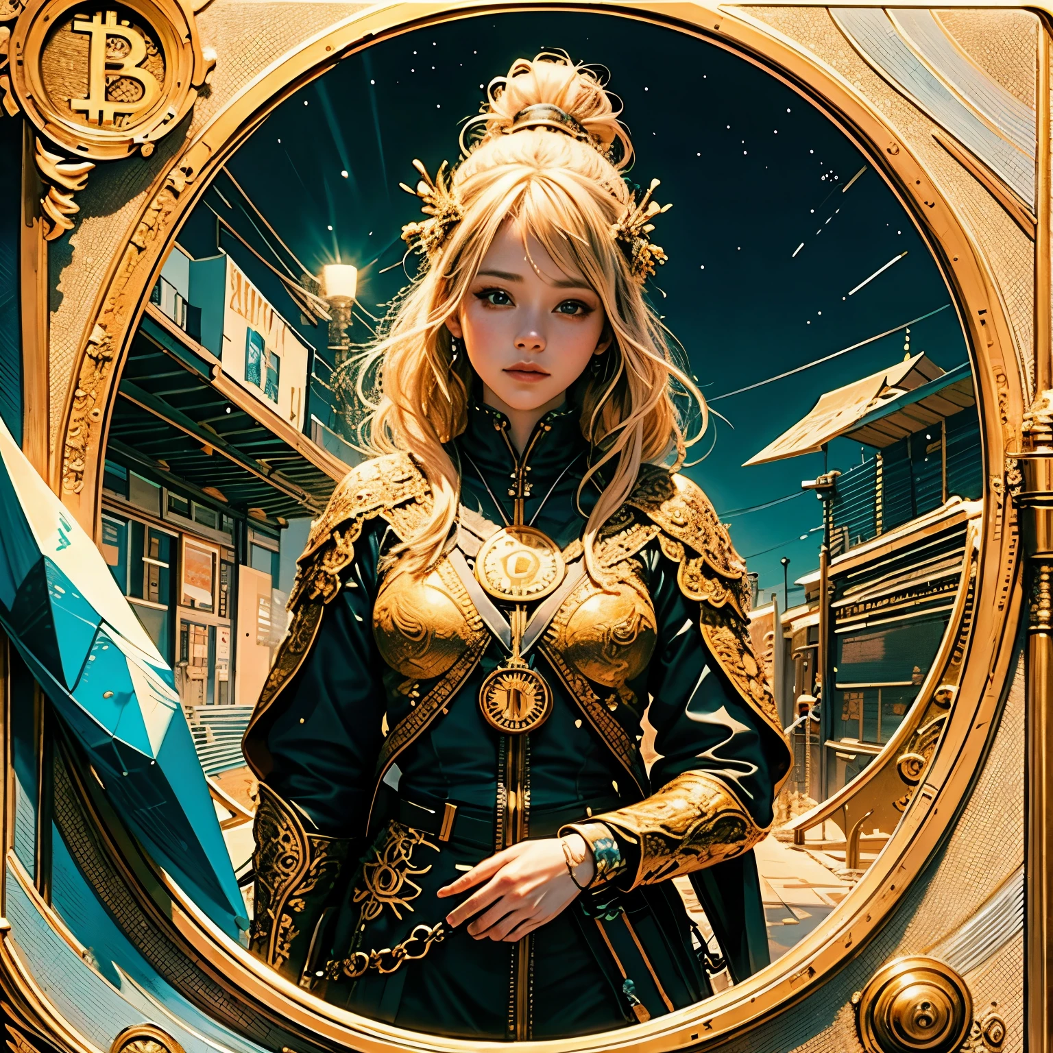 official art, unity 8k wallpaper, ultra detailed, beautiful and aesthetic holding bitcoin, High quality, beautiful, masterpiece, best quality, (zentangle, mandala, tangle, entangle:0.6),