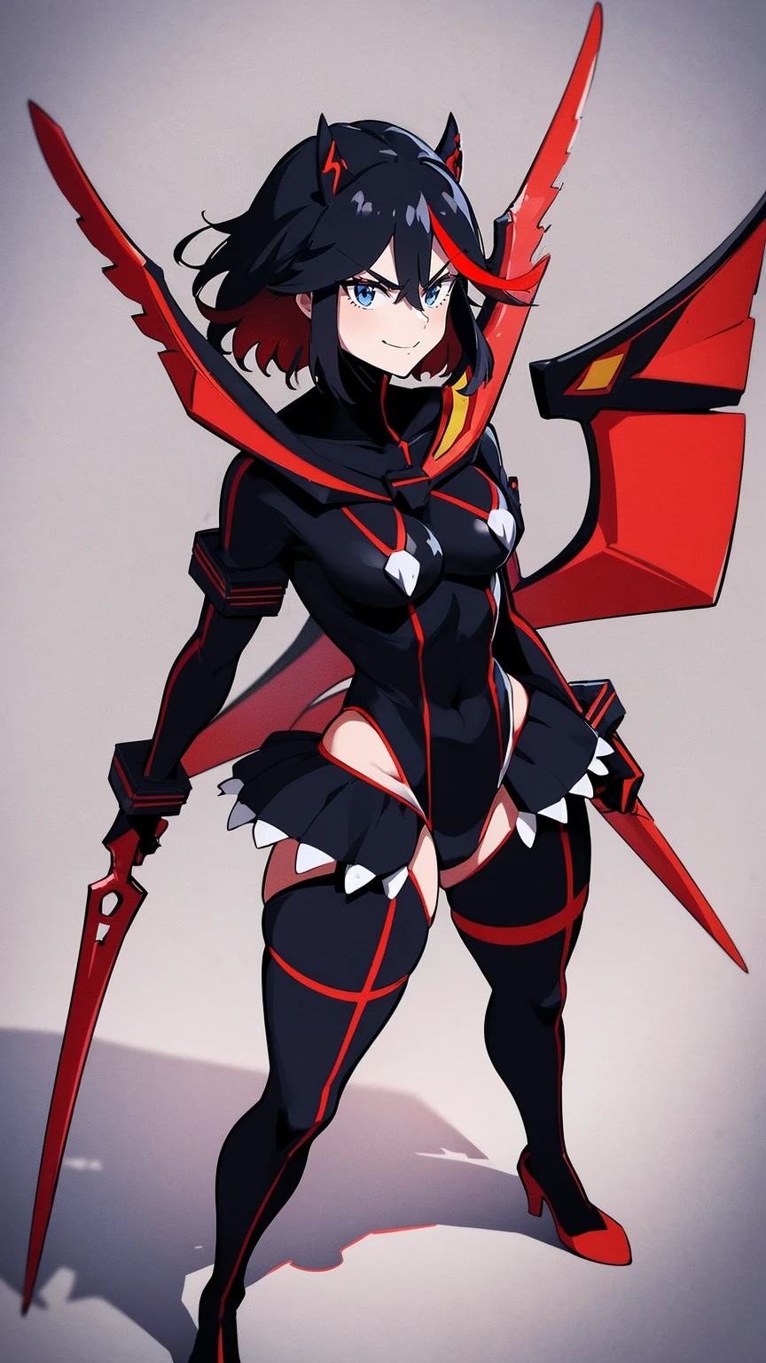 matoi ryuuko, dark armor, magical girl, dragon wings, kill la kill, red hair, large breasts, abs, wide hips, thick thighs, thick arms, pants, standing, black body suit, full body, boots,smile, pullover, miniskirt, black pullover,, black bodysuit, red hair, sword holding, bodysuit in the chest