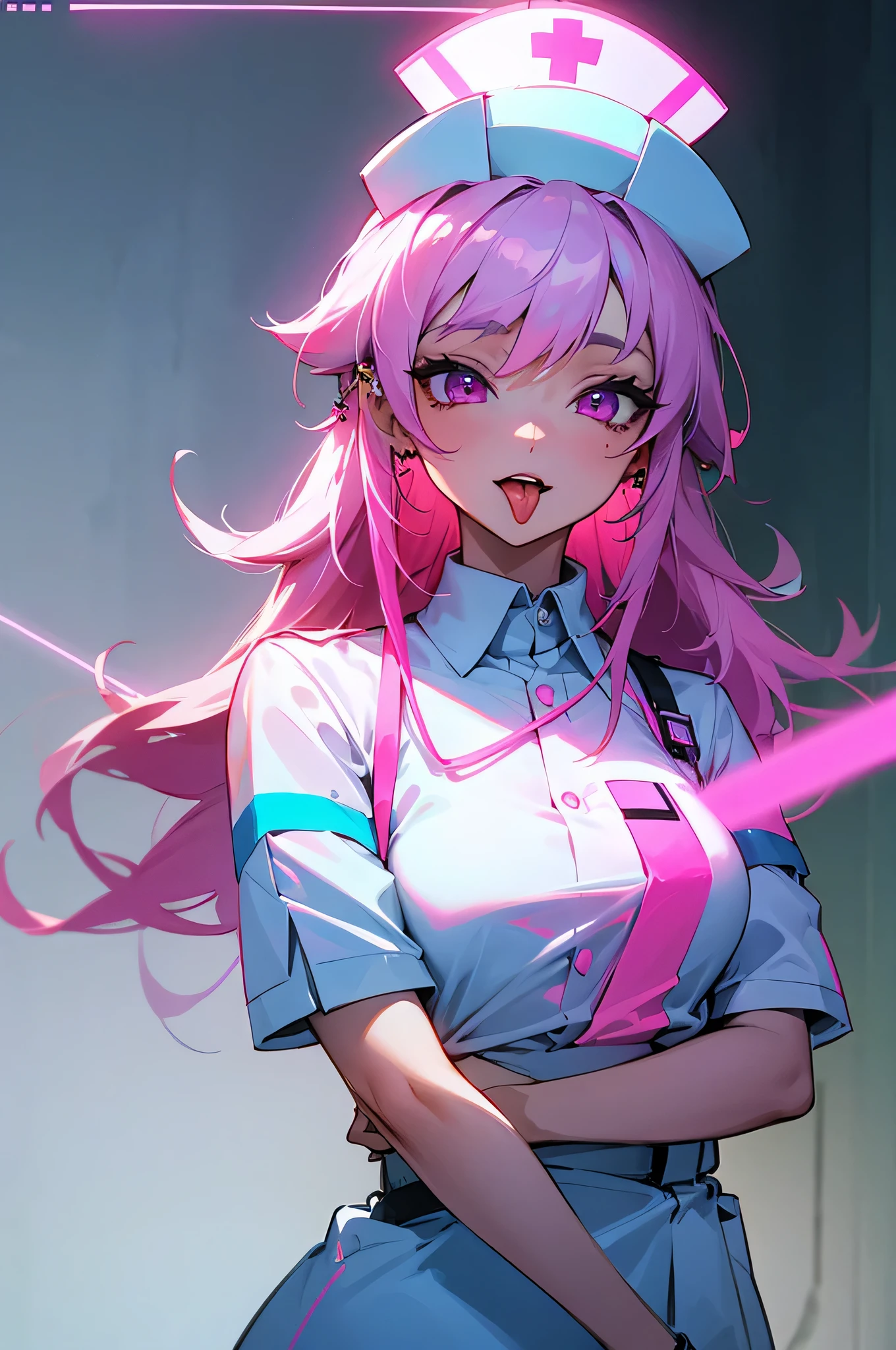 Neon Hair、neon laser、nurse、nurse uniform、Nurse's Hat、look at the camera、pink eyes、long hair、stick out tongue、ear piercing、