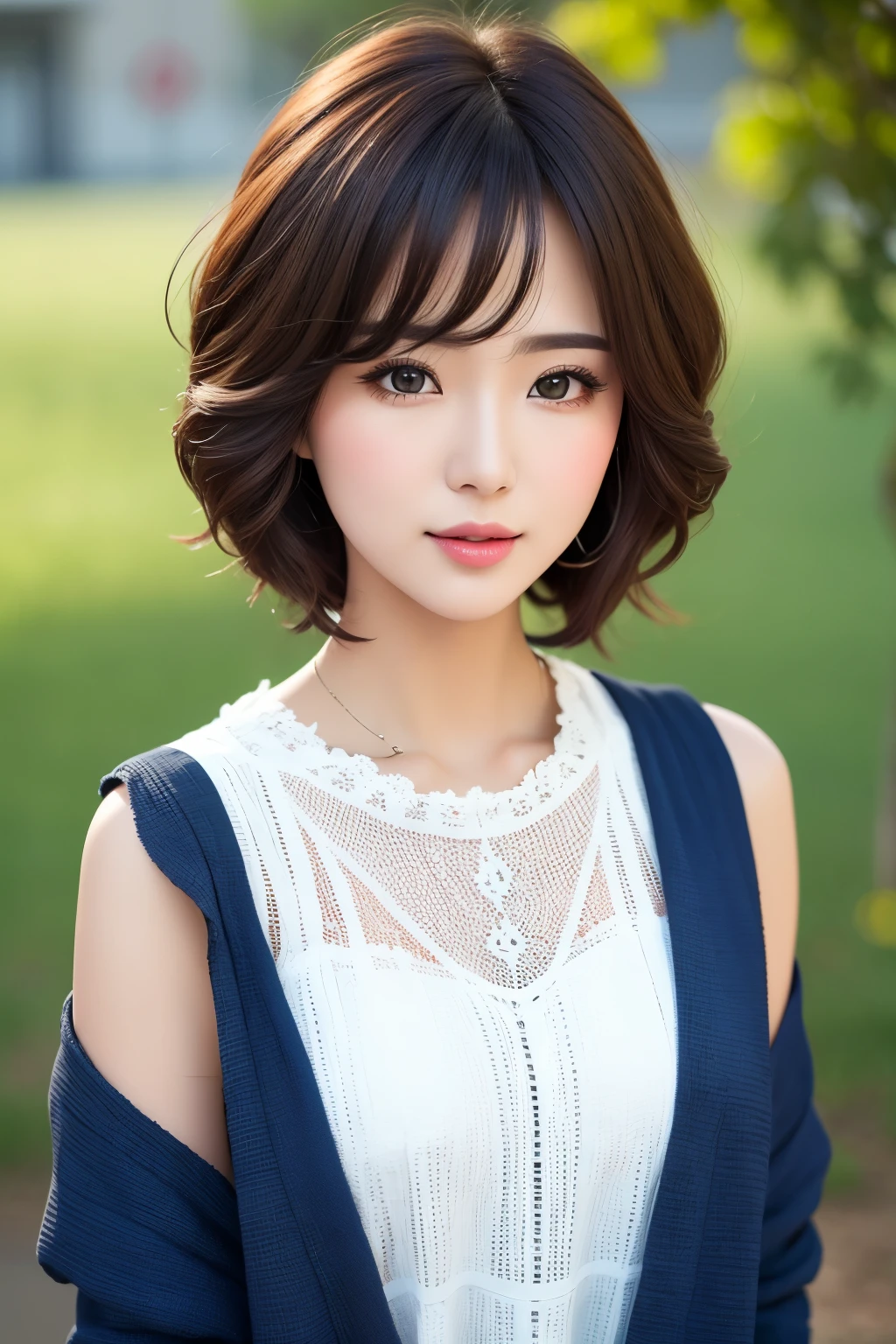 best quality, 32k, RAW photo, incredibly absurdres, extremely detailed, neat and cute beauty, flowing layered short bob cut, wearing loose and fluffy knit dress, slender, professional lighting