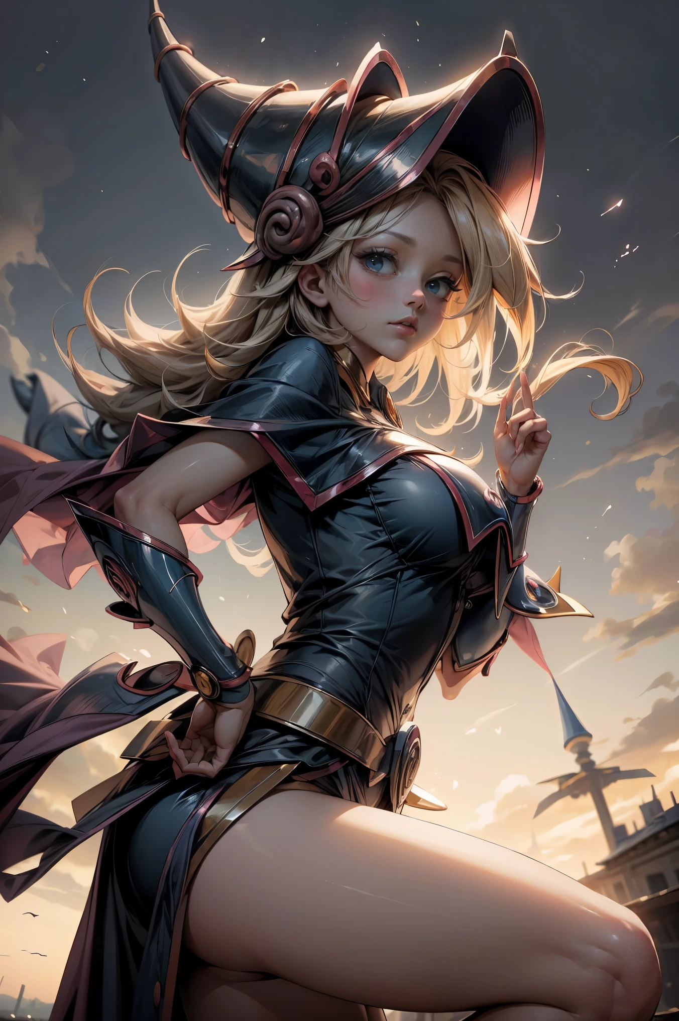 (Obra maestra:1.2), (La mejor calidad:1.2), Perfect lighting, Chica Maga Oscura lanzando un hechizo, In his twenties, flotando en el aire, tetas grandes, escote, blue robe, sombrero grande, desde arriba, Destellos, Yugioh juego, Magic of the Heart. Heart lights, Romantic Heart