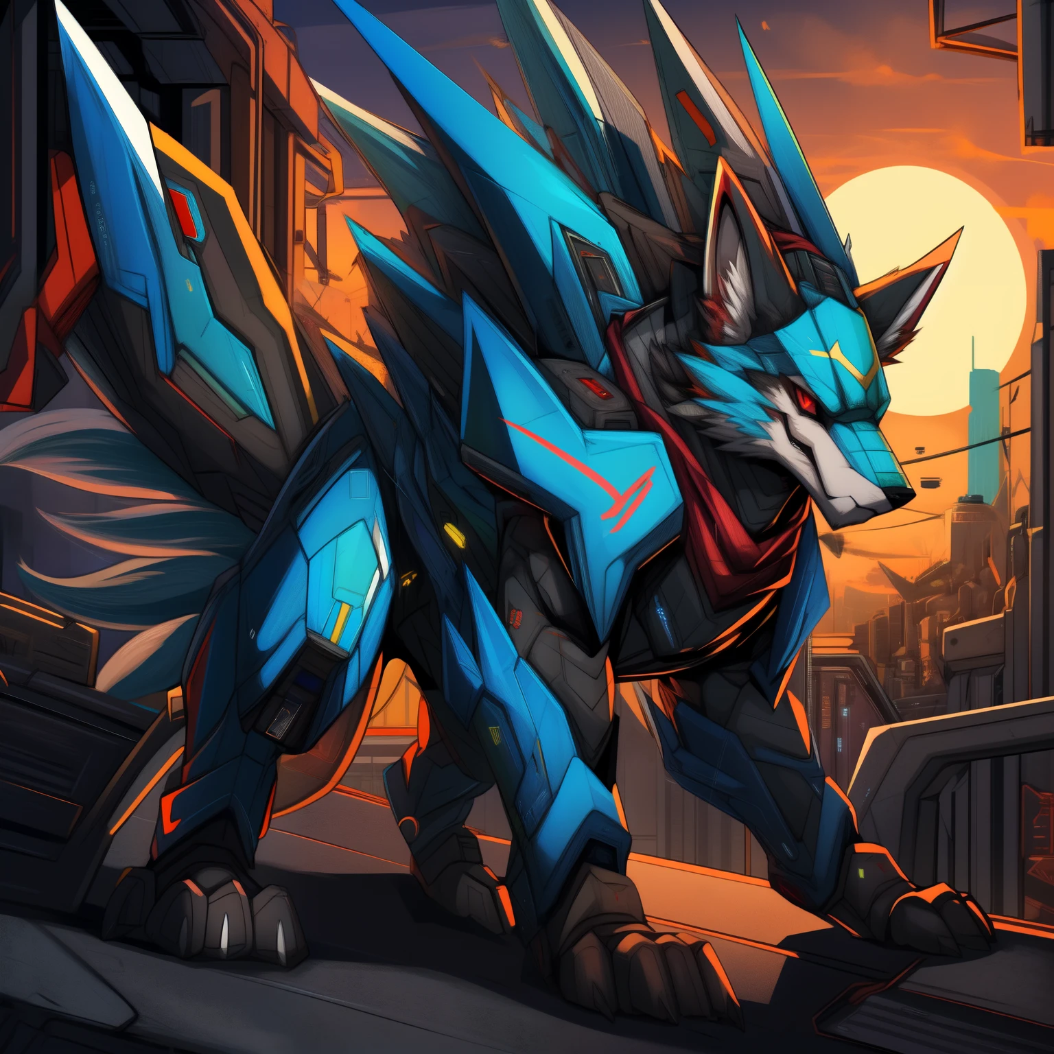 solo, fox, male, blue mech, feral, quadrupedal, fox mech, nine tails, red eyes, cyberpunk theme, uploaded on e621,