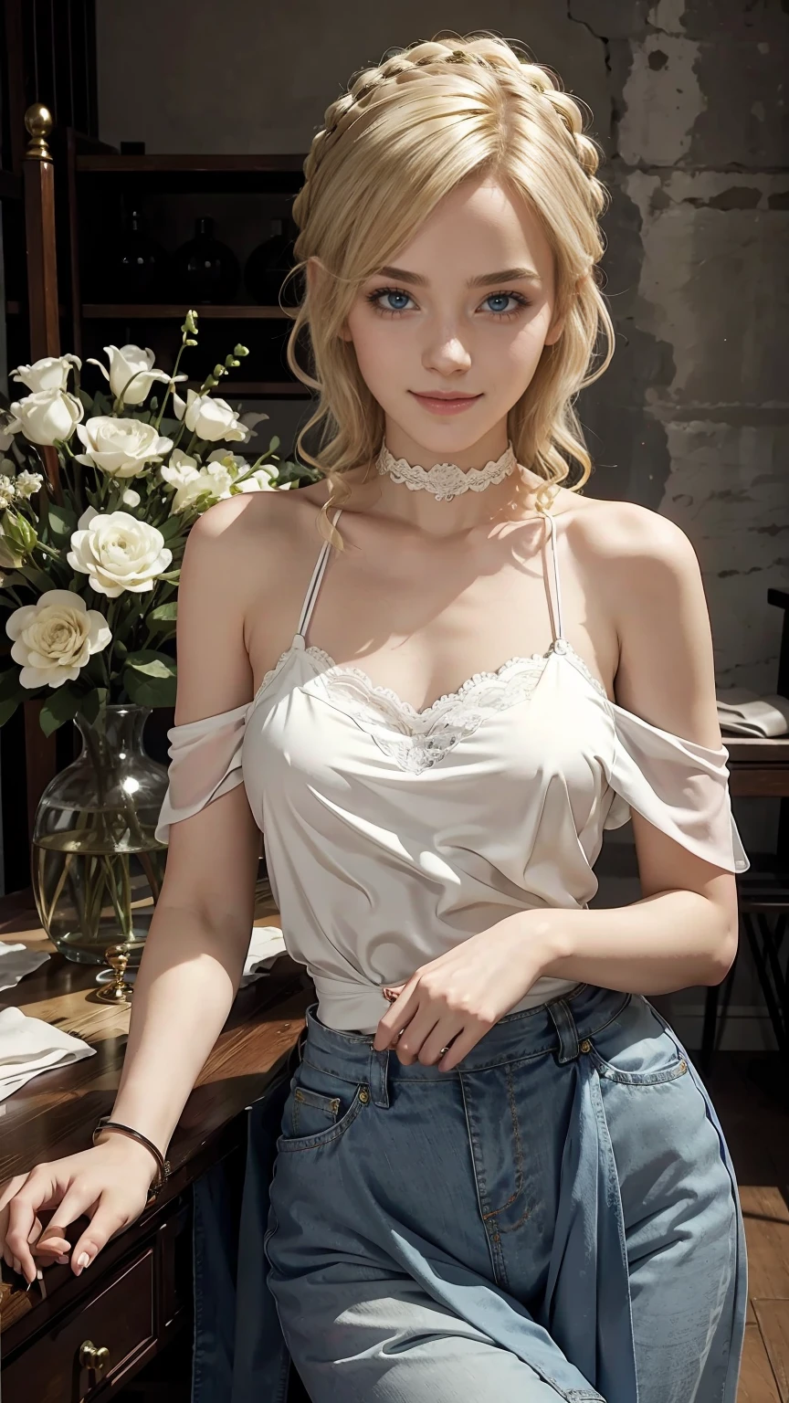 22 year old white female、hair color is blonde、eye color is blue、Tying up your hair、accessories on wrist、I&#39;m wearing a choker、skin is smooth、smile、Slender but muscular body、My heart is pounding、high resolution、She is wearing a one-shoulder lace top.、I'm wearing pants、I&#39;m wearing pumps、In front of Horizont in the photo studio、Flowers are arranged in a vase on a narrow medieval table.