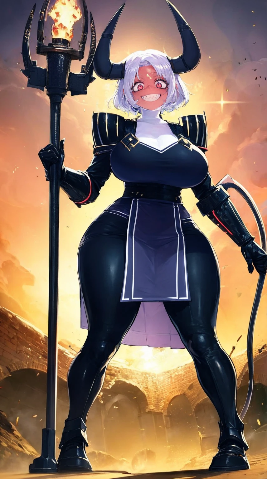 nun, demon girl, walking, , warpriesstes, silver hair, short hair, sacred gauntlets, long ski, cute smile, pure smile, love smile,,veillong skirt, pantyhose, staff holding, armor, gloves, standing, full body,sharpteeth,standing, full body, happy, joyfull