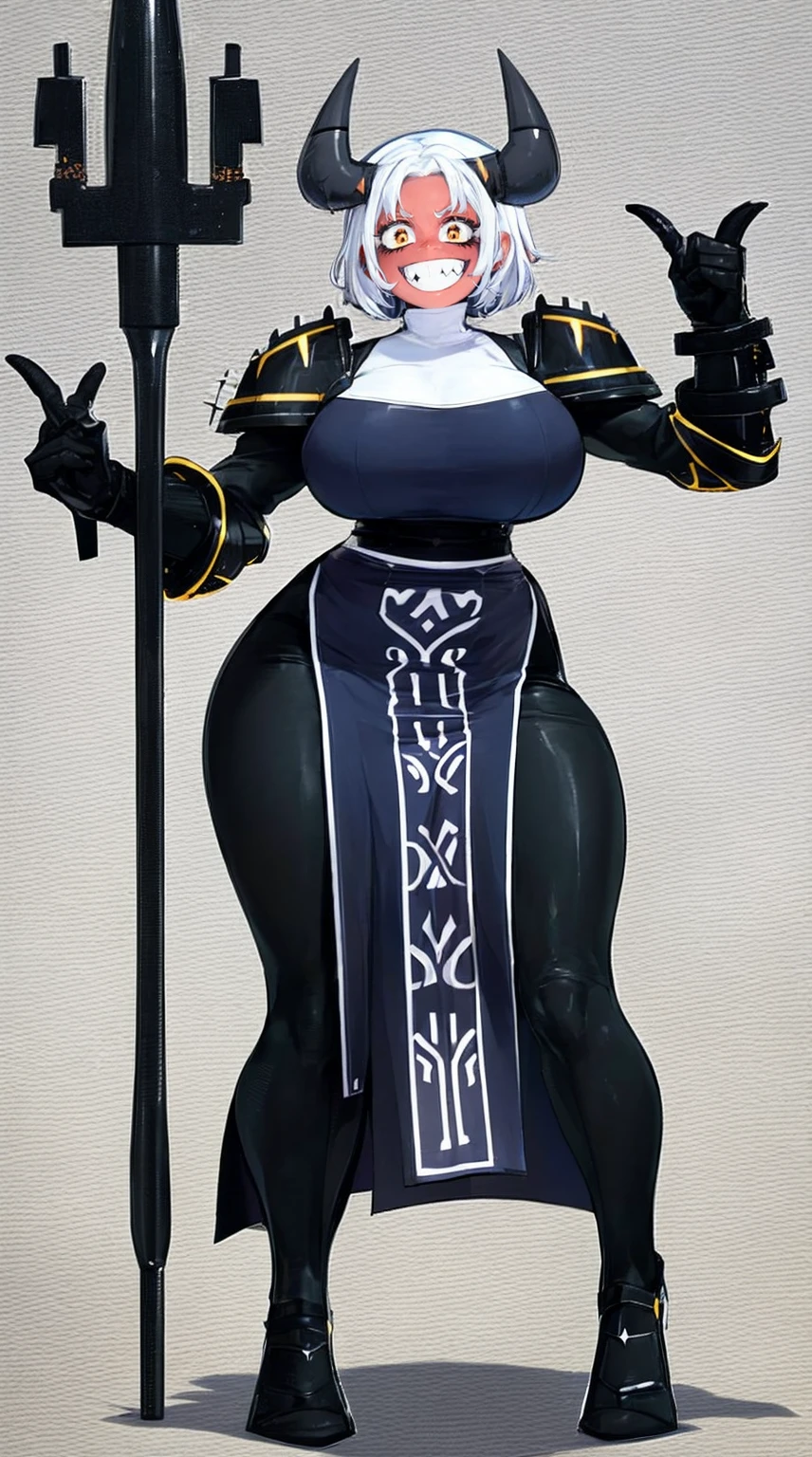 nun, demon girl, walking, , warpriesstes, silver hair, short hair, sacred gauntlets, long ski, cute smile, pure smile, love smile,,veillong skirt, pantyhose, staff holding, armor, gloves, standing, full body,sharpteeth,standing, full body, happy, joyfull